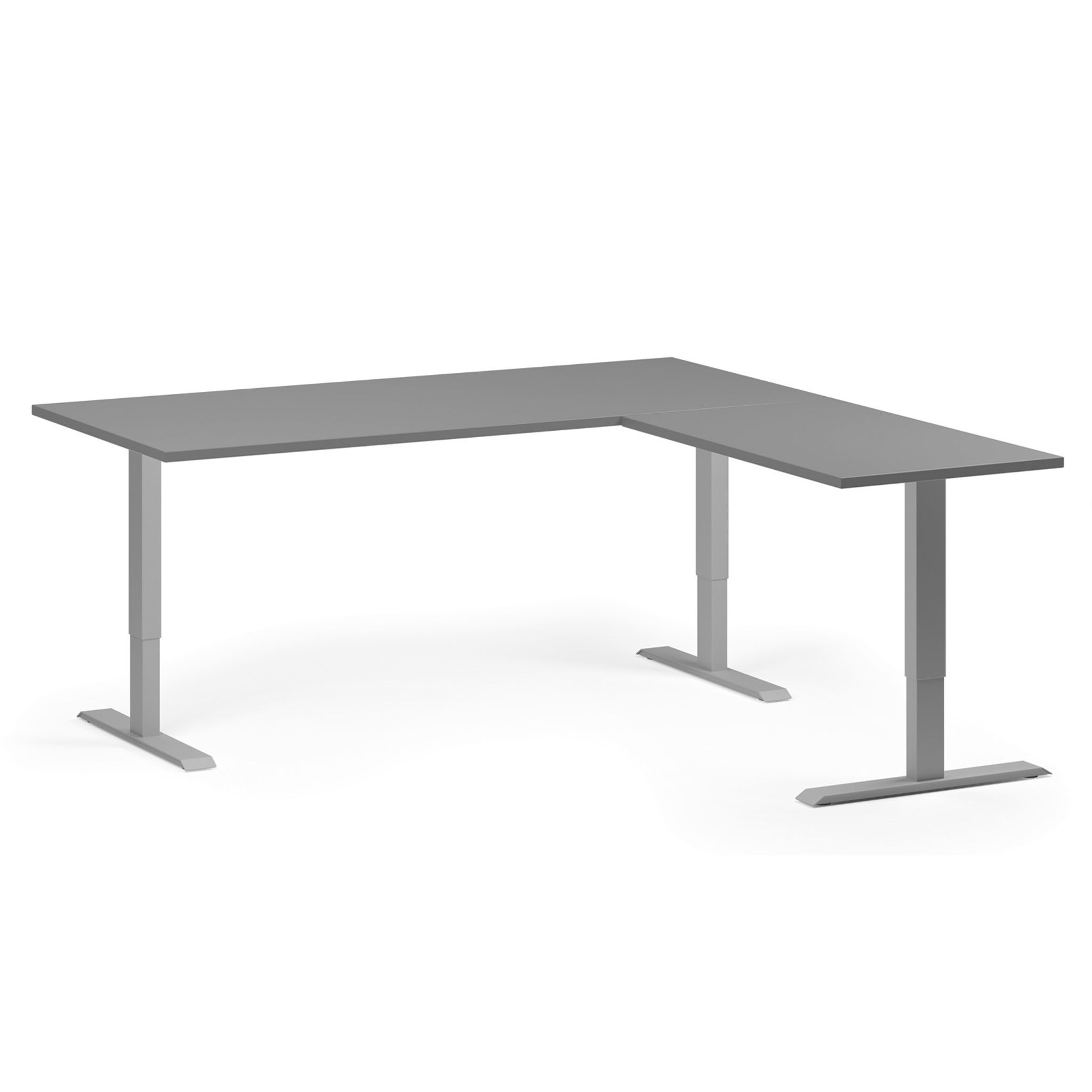 Höhenverstellbarer Eckschreibtisch, 3 Motoren, 74-121 cm, L/R, Tischplatte 180x180 cm, graues Metallgestell, Graphit