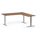 Höhenverstellbarer Eckschreibtisch, 3 Motoren, 74-121 cm, L/R, Tischplatte 180x180 cm, graues Metallgestell, Nussbaum