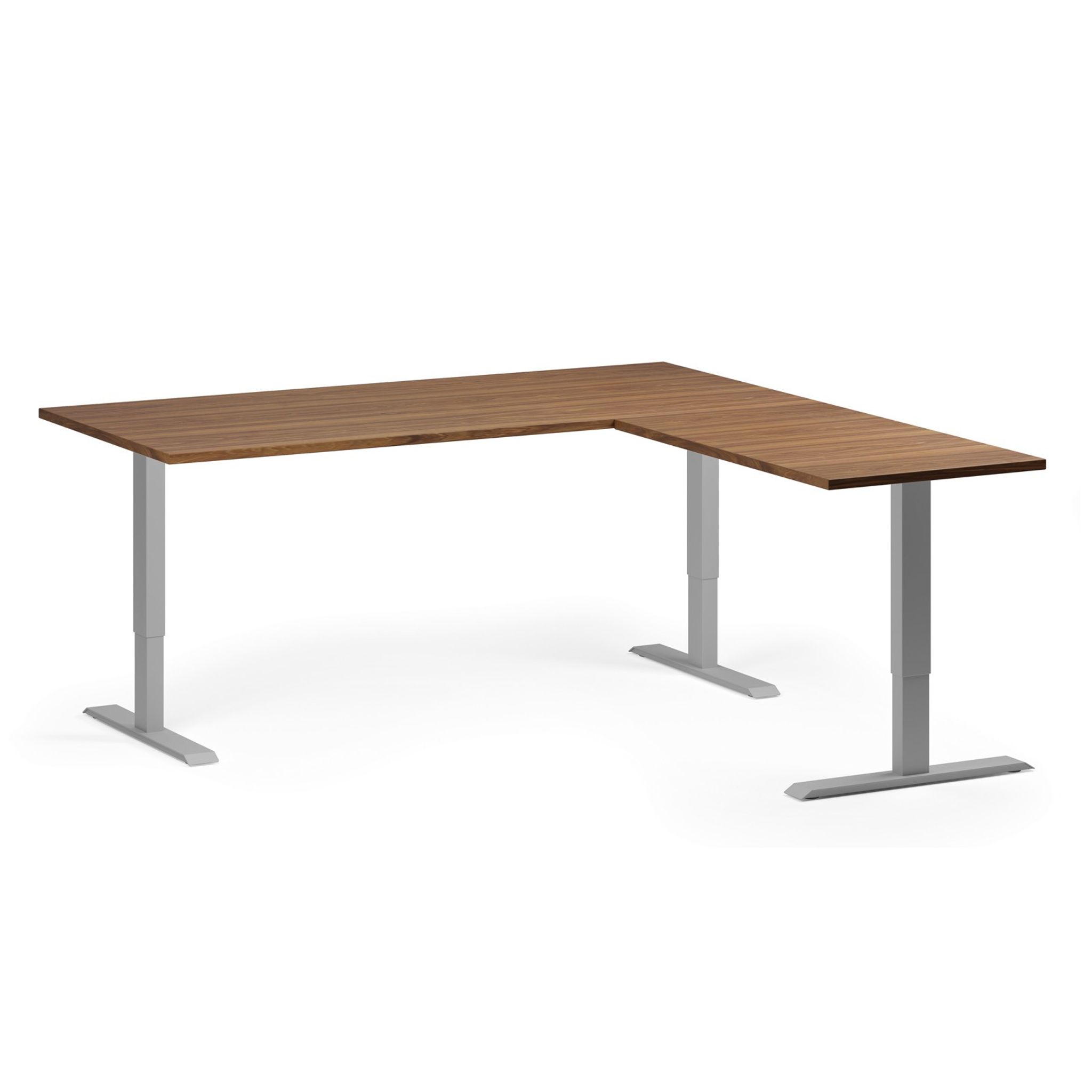 Höhenverstellbarer Eckschreibtisch, 3 Motoren, 74-121 cm, L/R, Tischplatte 180x180 cm, graues Metallgestell, Nussbaum