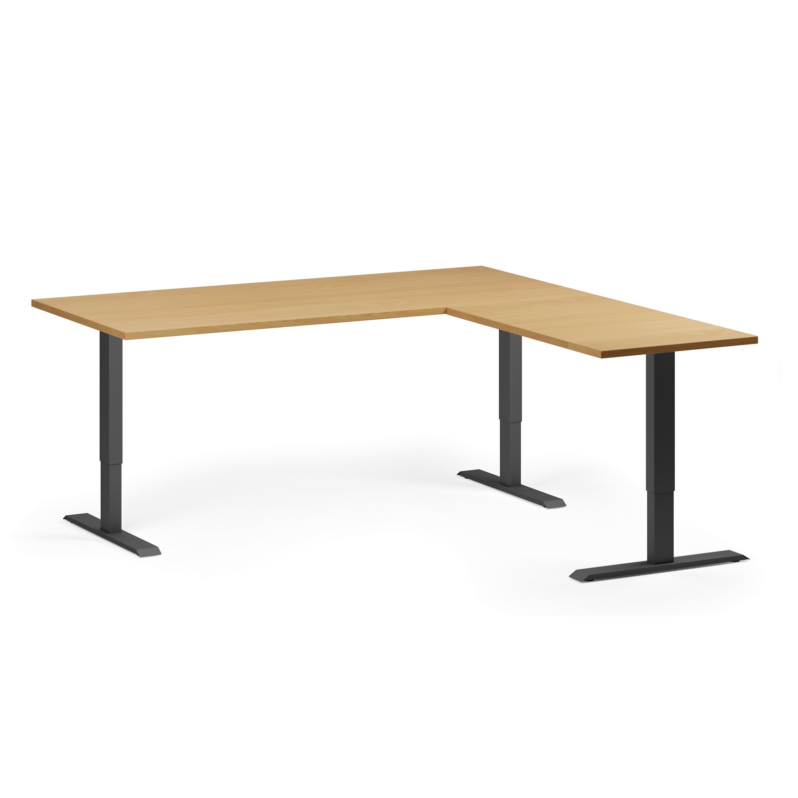 B2B Partner Höhenverstellbarer Eckschreibtisch, 3 Motoren, 74-121 cm, L/R, Tischplatte 180x180 cm, schwarzes Metallgestell, Buche
