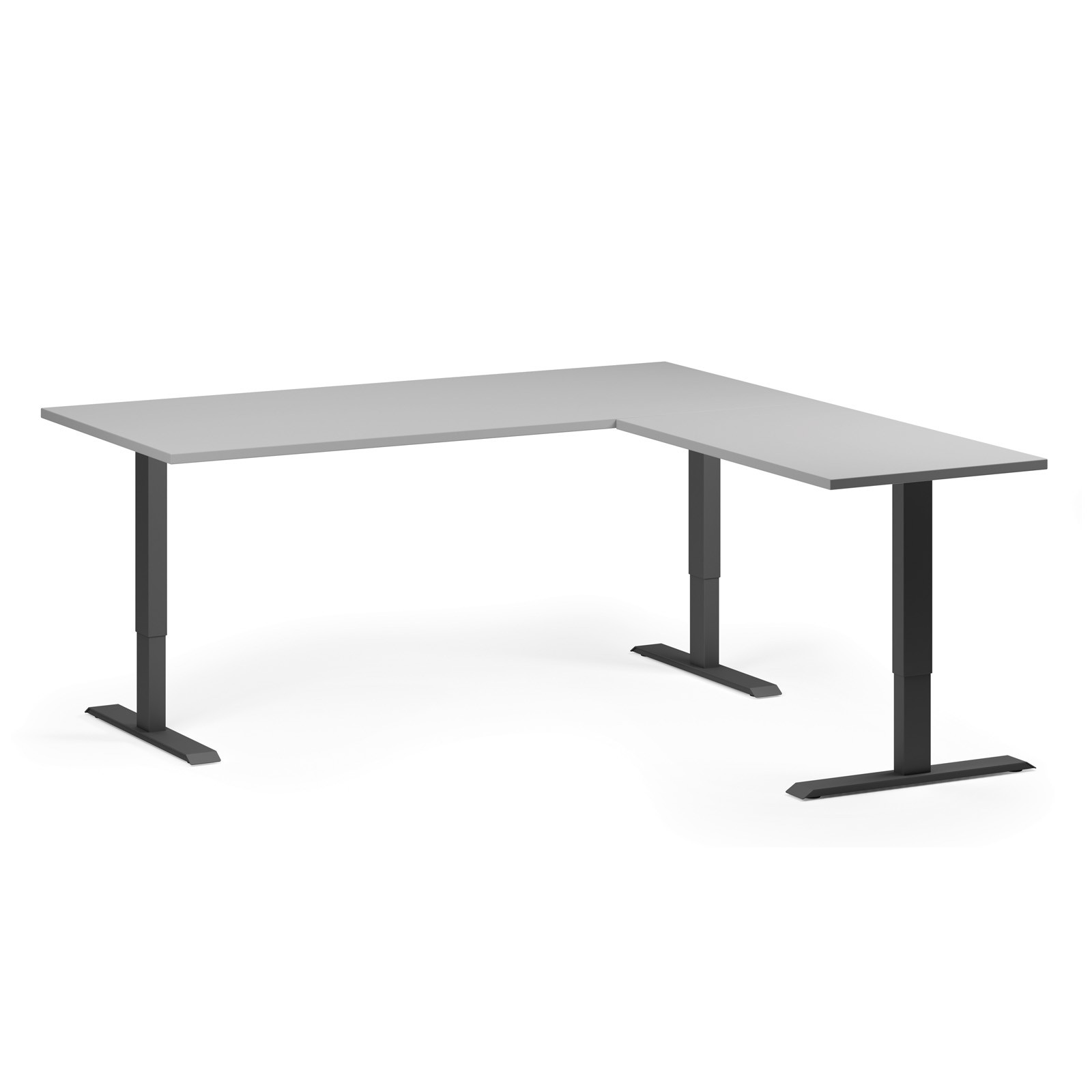 B2B Partner Höhenverstellbarer Eckschreibtisch, 3 Motoren, 74-121 cm, L/R, Tischplatte 180x180 cm, schwarzes Metallgestell, grau