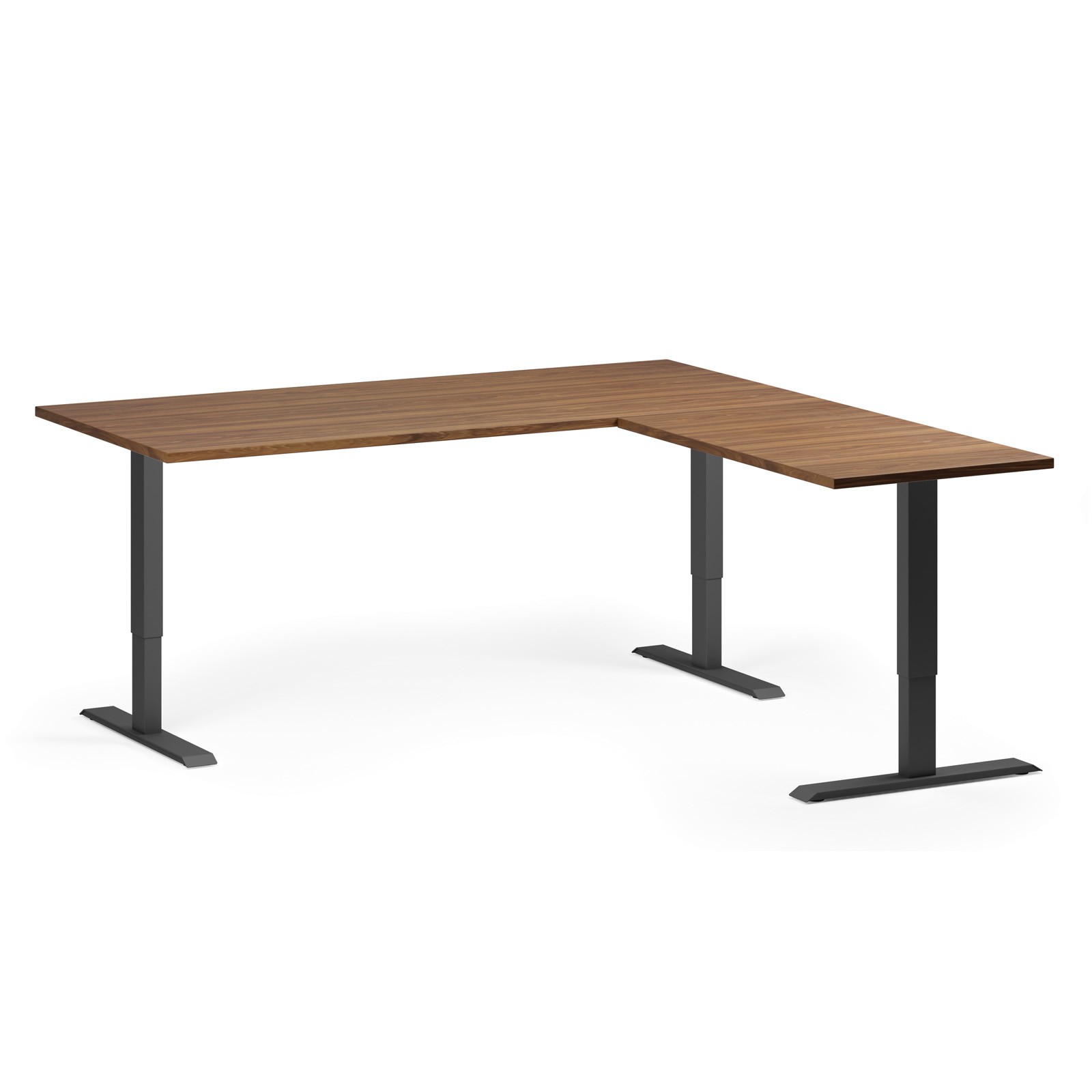 B2B Partner Höhenverstellbarer Eckschreibtisch, 3 Motoren, 74-121 cm, L/R, Tischplatte 180x180 cm, schwarzes Metallgestell, Nussbaum