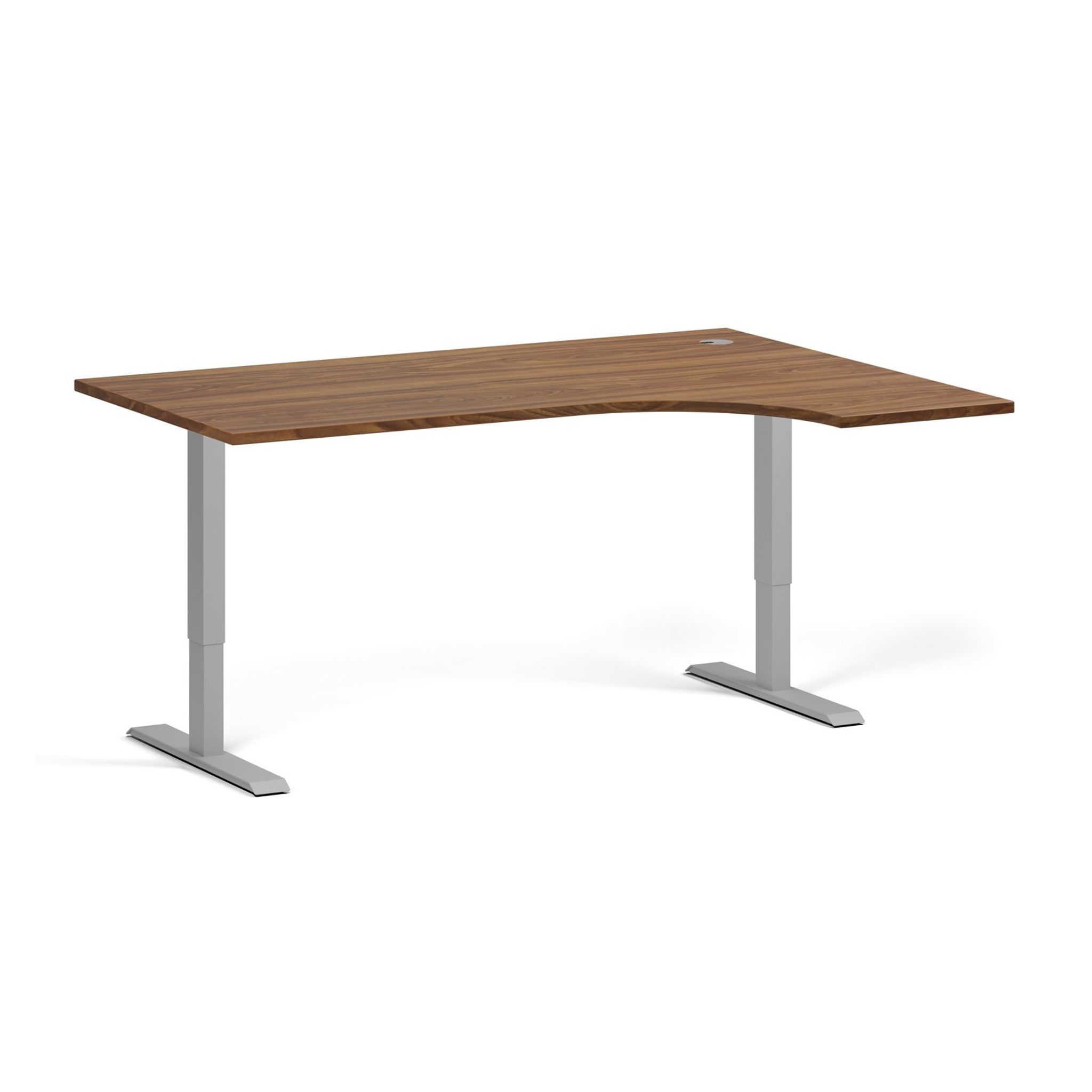 Höhenverstellbarer Schreibtisch, 1 Motor, 74-123 cm, Ecke L/R, Tischplatte 160x120 cm, graues Metallgestell, Nussbaum