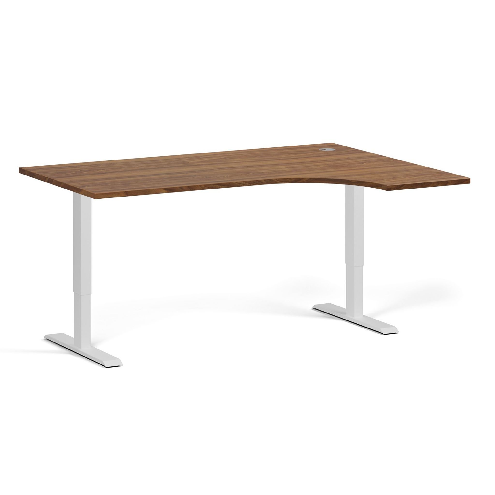 Höhenverstellbarer Schreibtisch, 1 Motor, 74-123 cm, Ecke L/R, Tischplatte 160x120 cm, weißes Metallgestell, Nussbaum