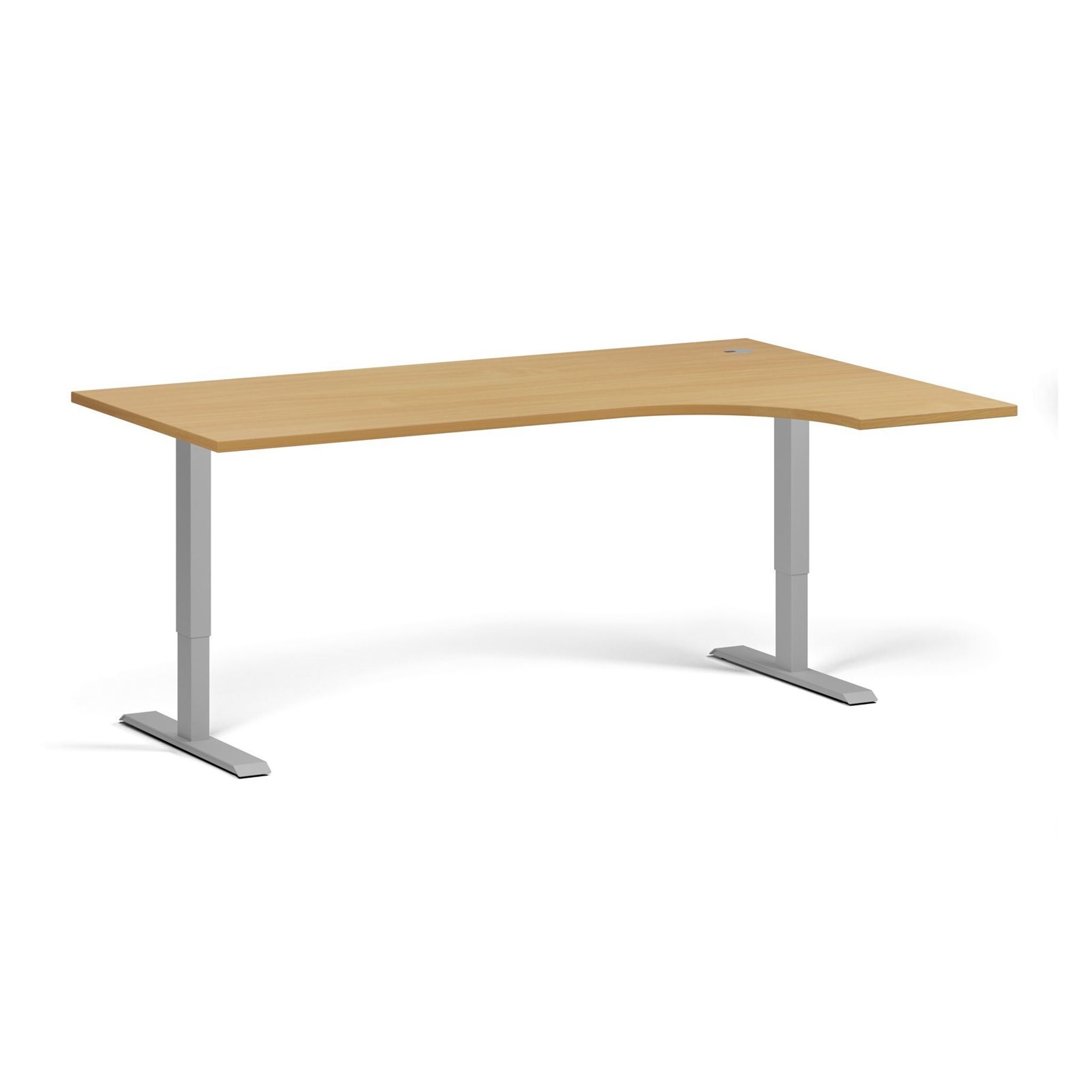 Höhenverstellbarer Schreibtisch, 1 Motor, 74-123 cm, Ecke L/R, Tischplatte 180x120 cm, graues Metallgestell, Buche