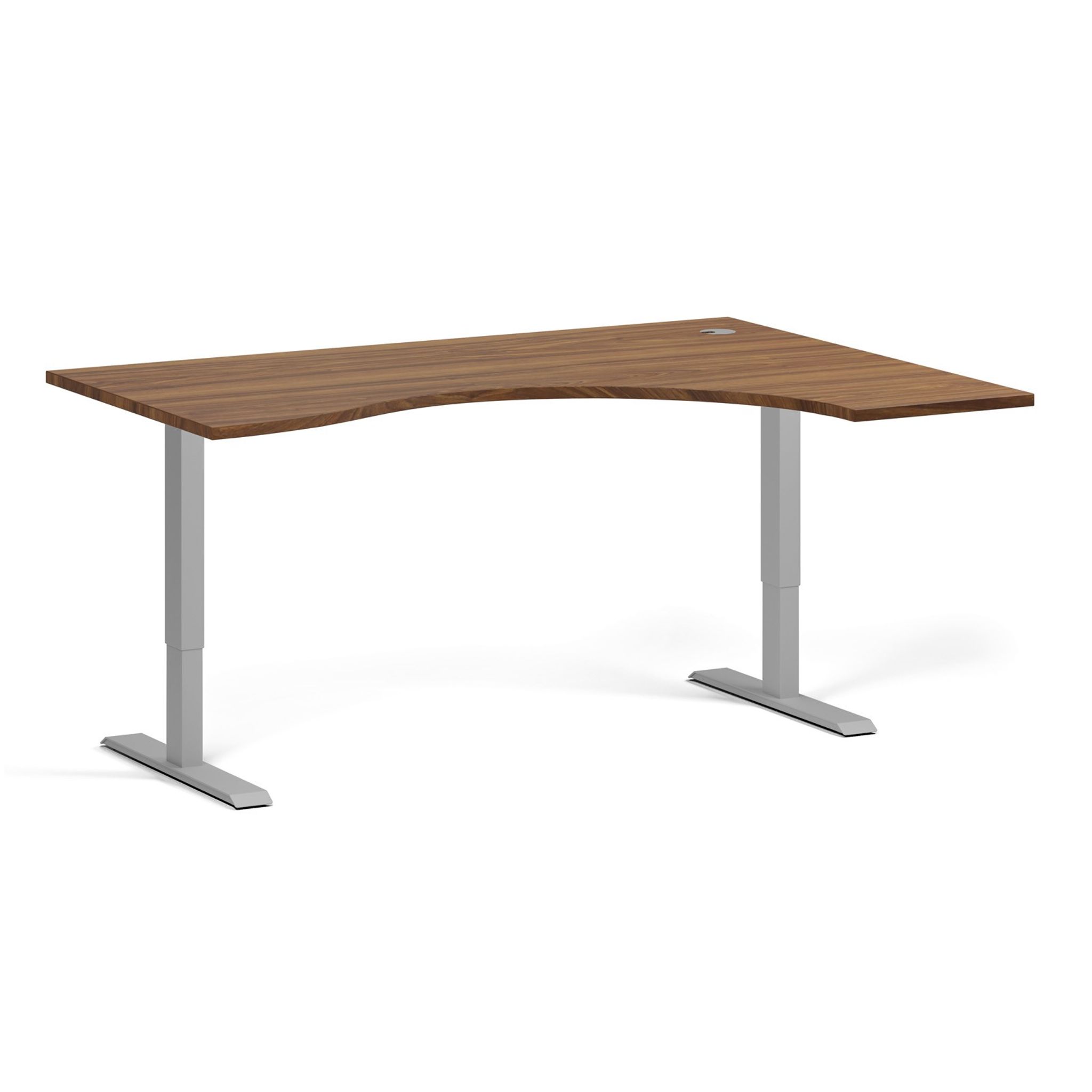 Höhenverstellbarer Schreibtisch, 1 Motor, 74-123 cm, ergonomisch L/R, Tischplatte 160x120 cm, graues Metallgestell, Nussbaum