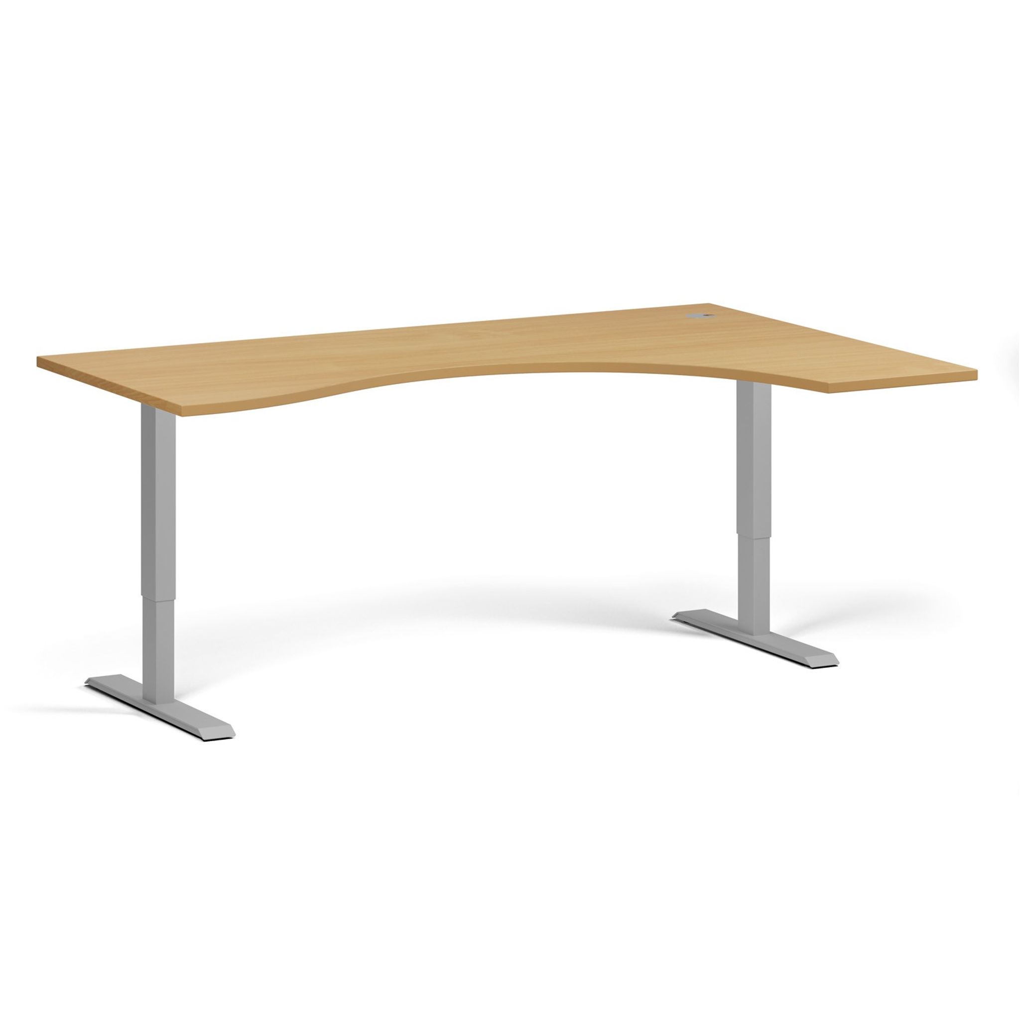 Höhenverstellbarer Schreibtisch, 1 Motor, 74-123 cm, ergonomisch L/R, Tischplatte 180x120 cm, graues Metallgestell, Buche