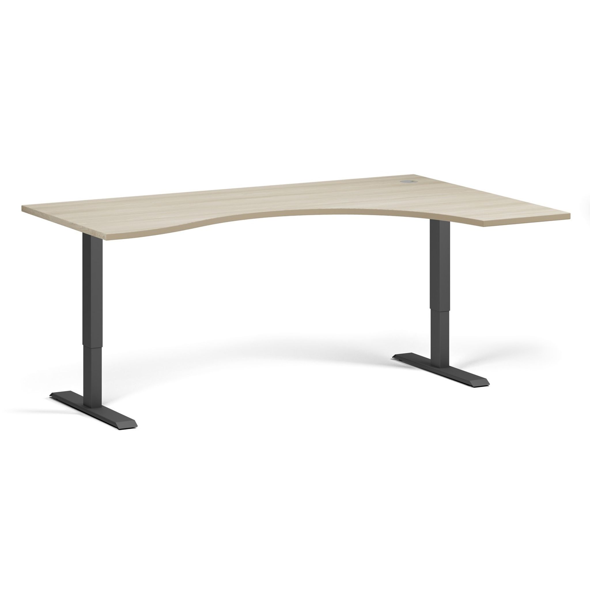 Höhenverstellbarer Schreibtisch, 1 Motor, 74-123 cm, ergonomisch L/R, Tischplatte 180x120 cm, schwarzes Metallgestell, Eiche natur