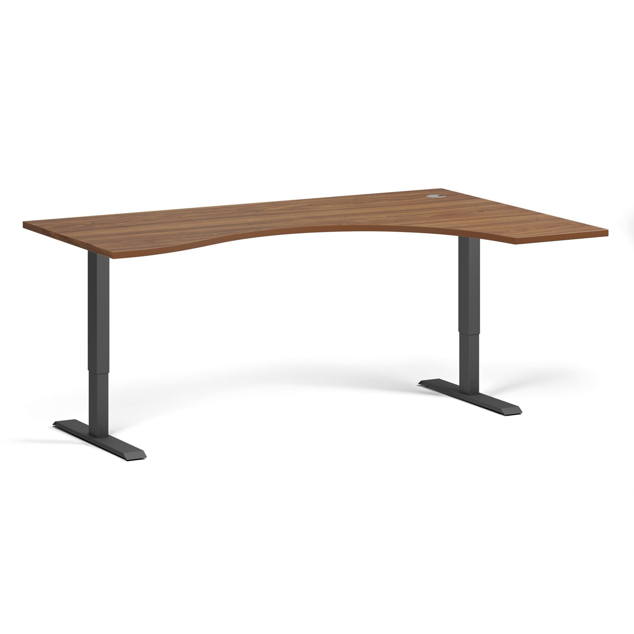 Höhenverstellbarer Schreibtisch, 1 Motor, 74-123 cm, ergonomisch L/R, Tischplatte 180x120 cm, schwarzes Metallgestell, Nussbaum