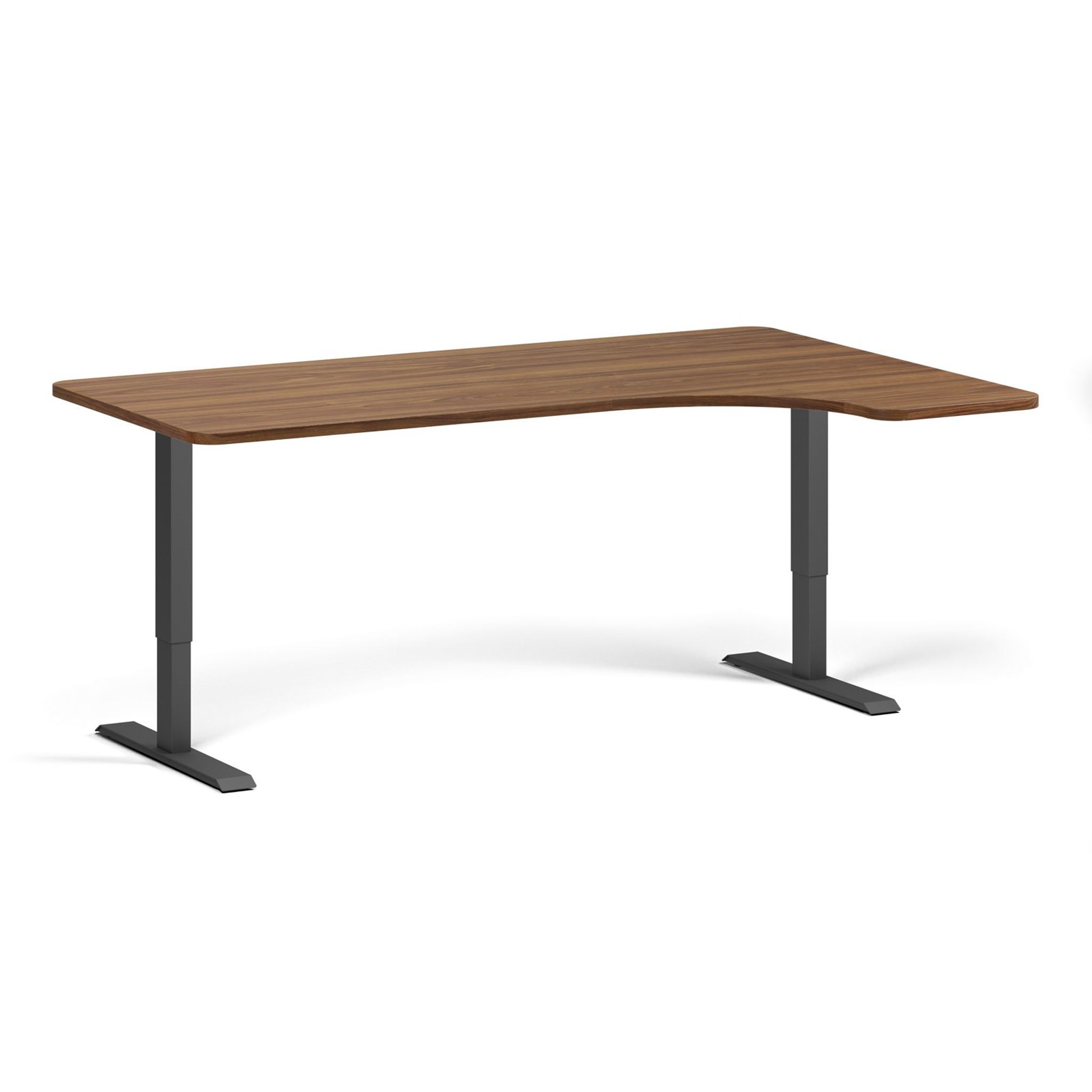 Höhenverstellbarer Schreibtisch, 1 Motor, 74-123 cm, links/rechts, Tischplatte 180x120 cm, schwarzes Metallgestell, Nussbaum