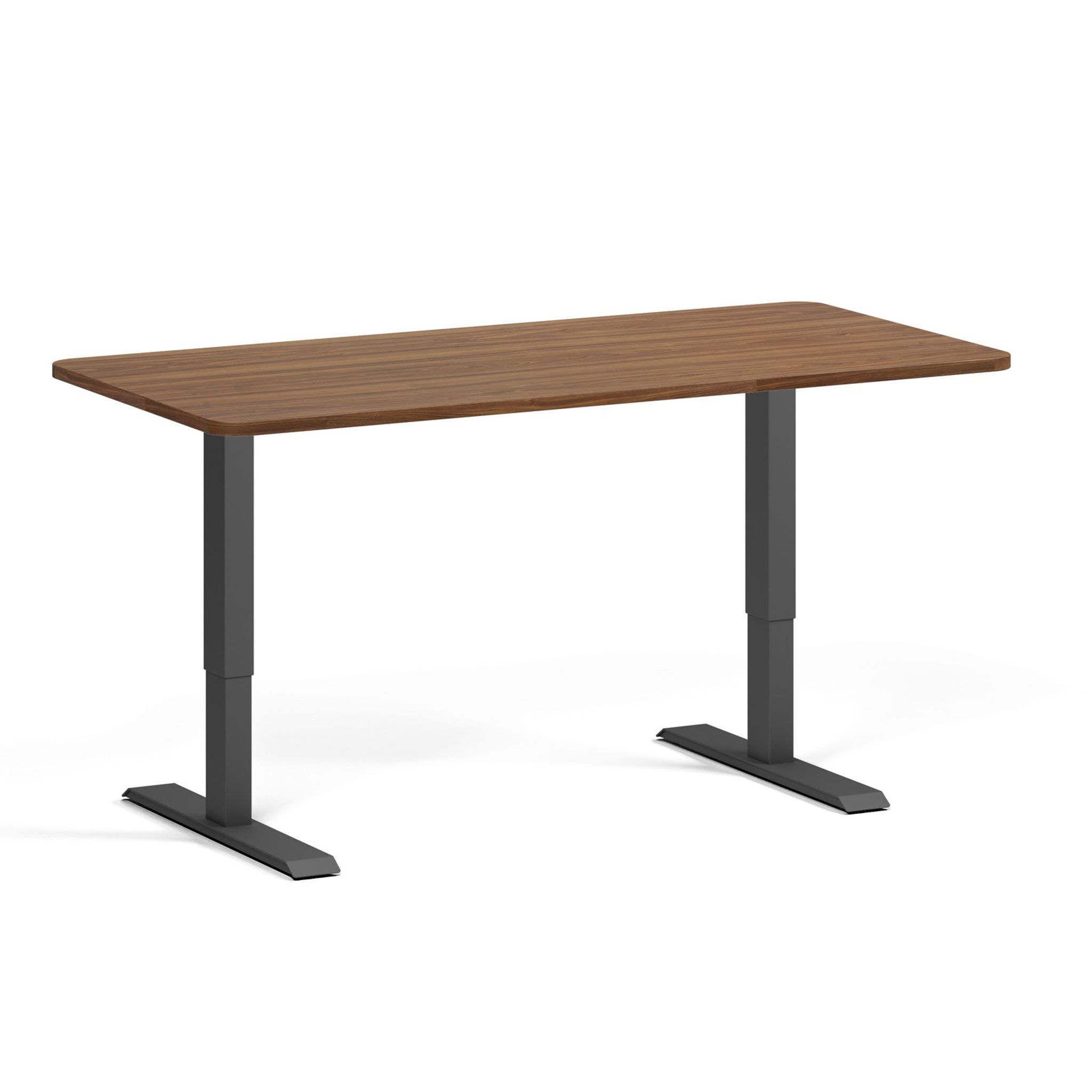 Höhenverstellbarer Schreibtisch, 1 Motor, 745 - 1235 mm, abgerundete Ecken, Tischplatte 1600 x 800 mm, schwarzes Untergestell, Nussbaum