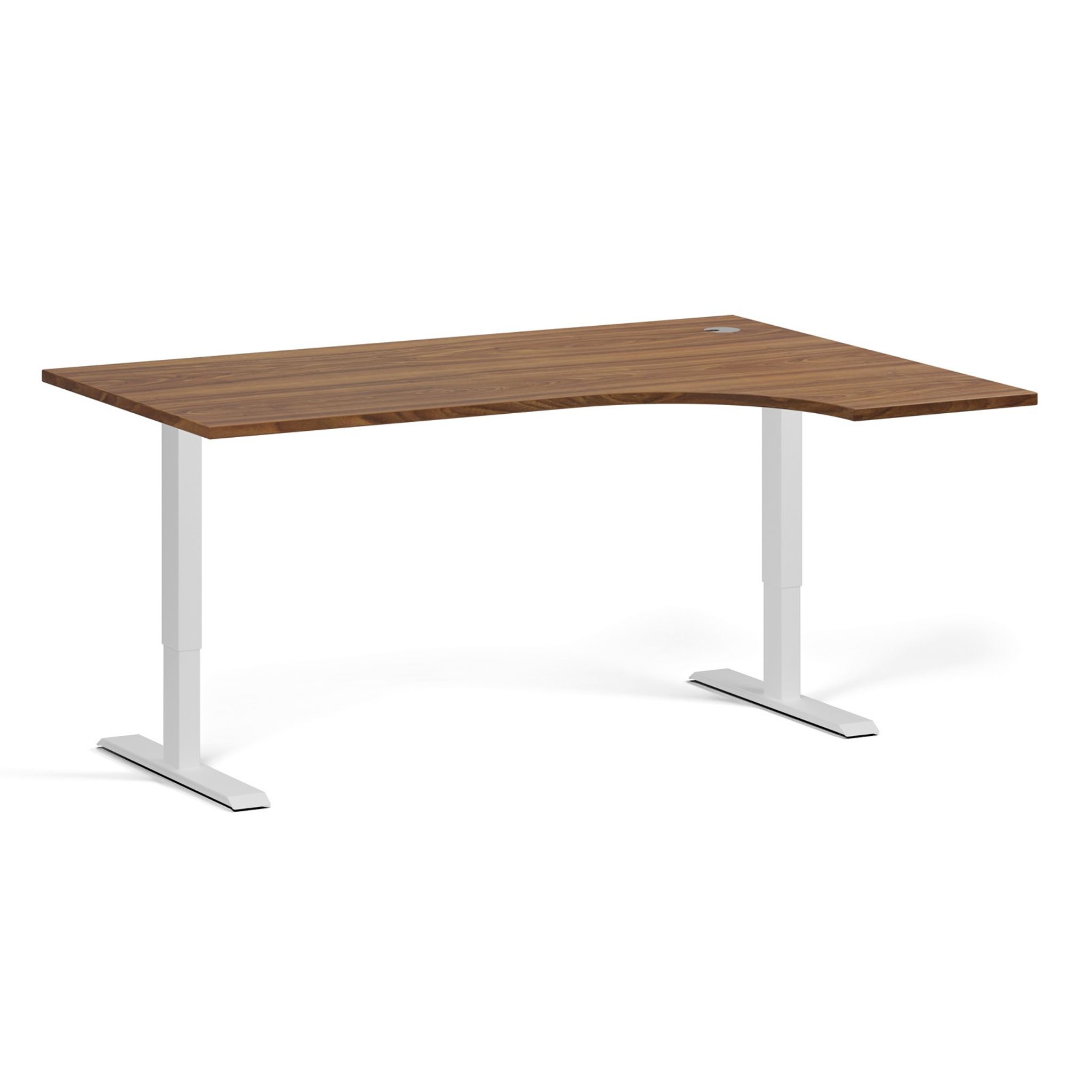 Höhenverstellbarer Schreibtisch, 2 Motoren, 74-121 cm, Ecke L/P, Tischplatte 160x120 cm, weißes Metallgestell, Nussbaum