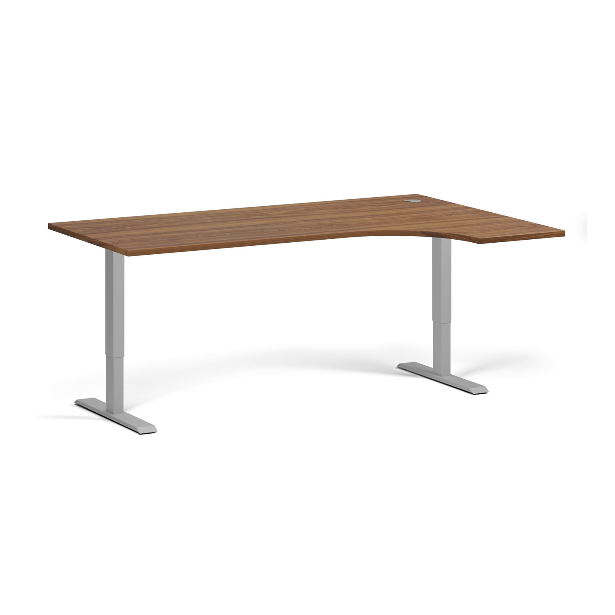 Höhenverstellbarer Schreibtisch, 2 Motoren, 74-121 cm, Ecke L/R, Tischplatte 180x120 cm, graues Metallgestell, Nussbaum