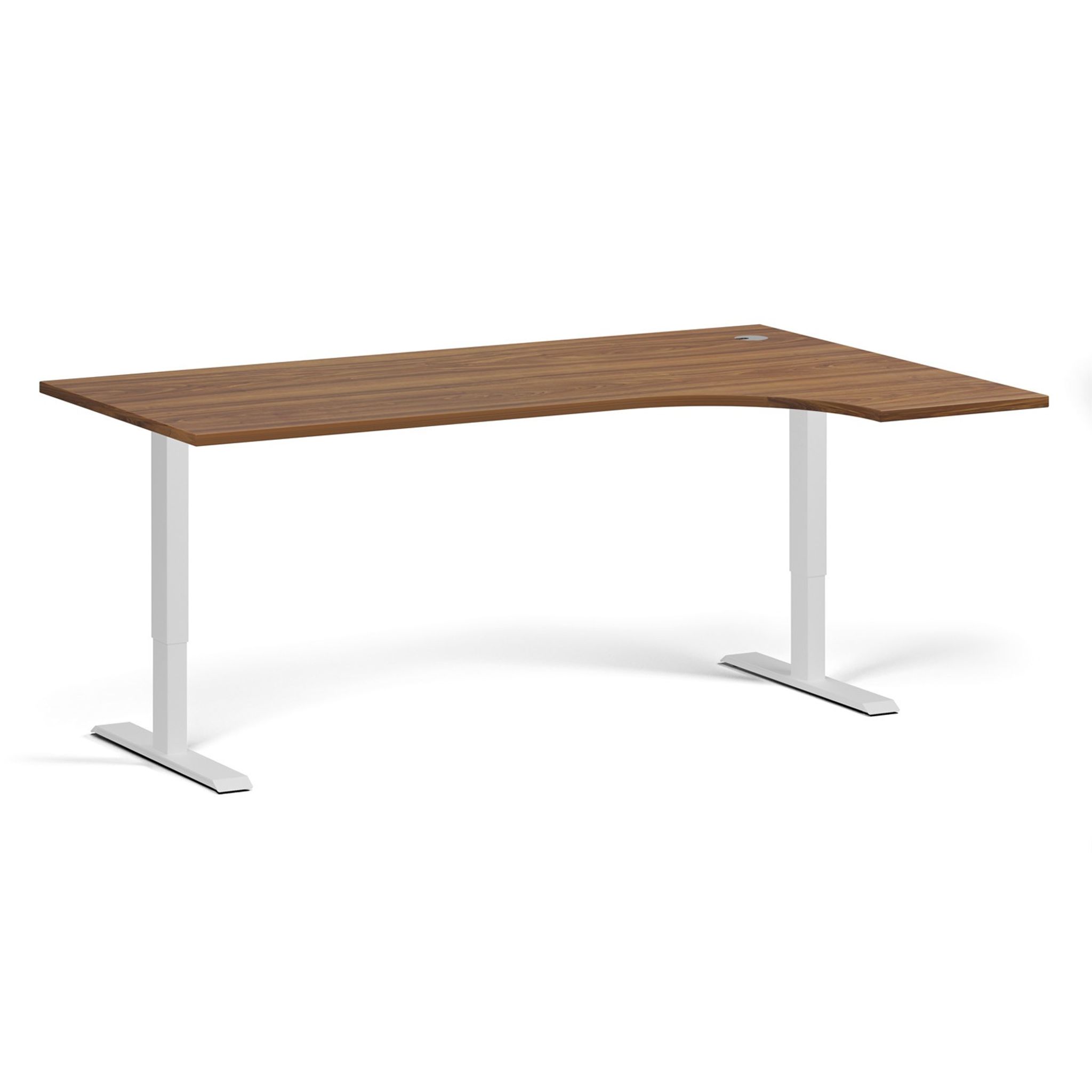 Höhenverstellbarer Schreibtisch, 2 Motoren, 74-121 cm, Ecke L/R, Tischplatte 180x120 cm, weißes Metallgestell, Nussbaum