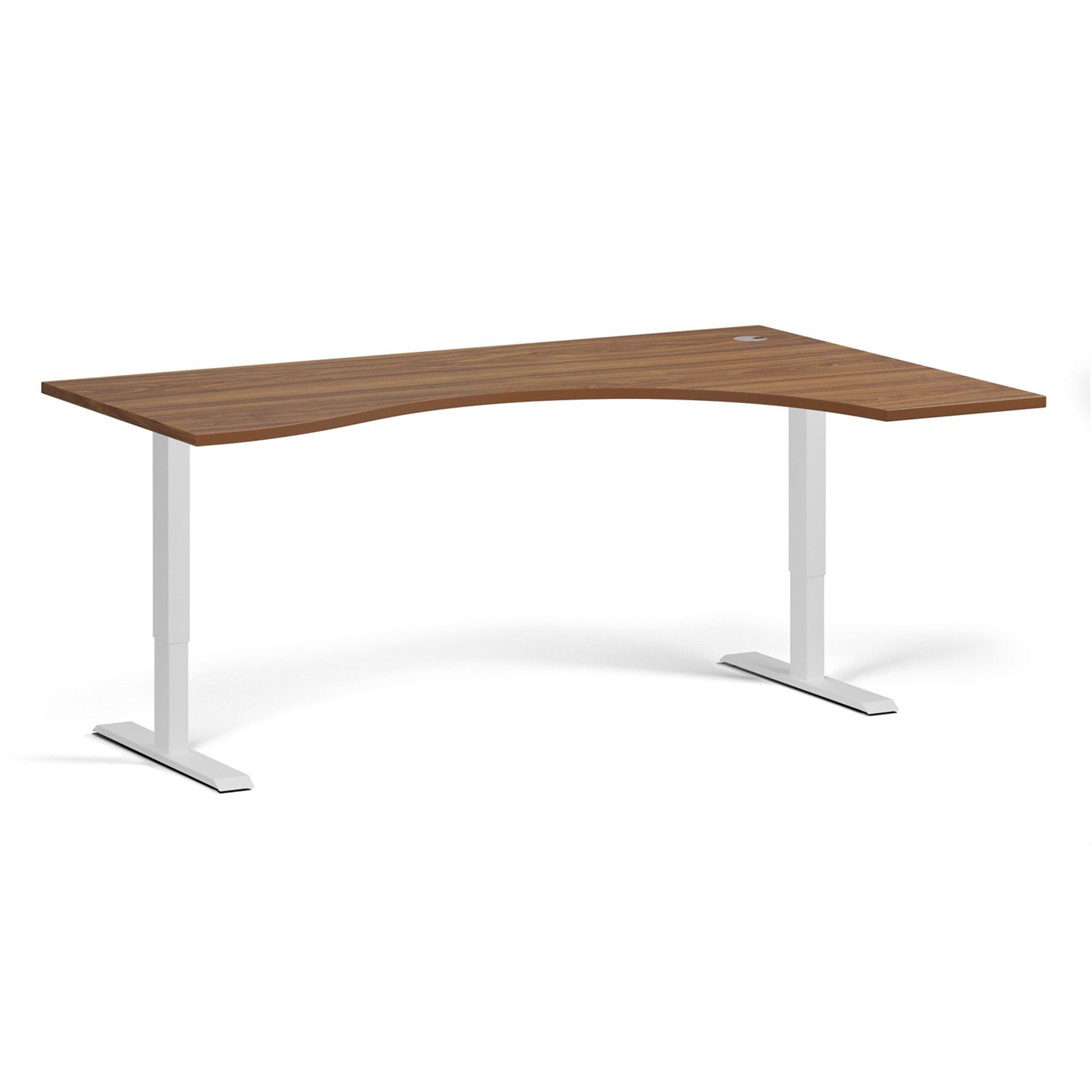 Höhenverstellbarer Schreibtisch, 2 Motoren, 74-121 cm, ergonomisch L/R, Tischplatte 180x120 cm, weißes Metallgestell, Nussbaum
