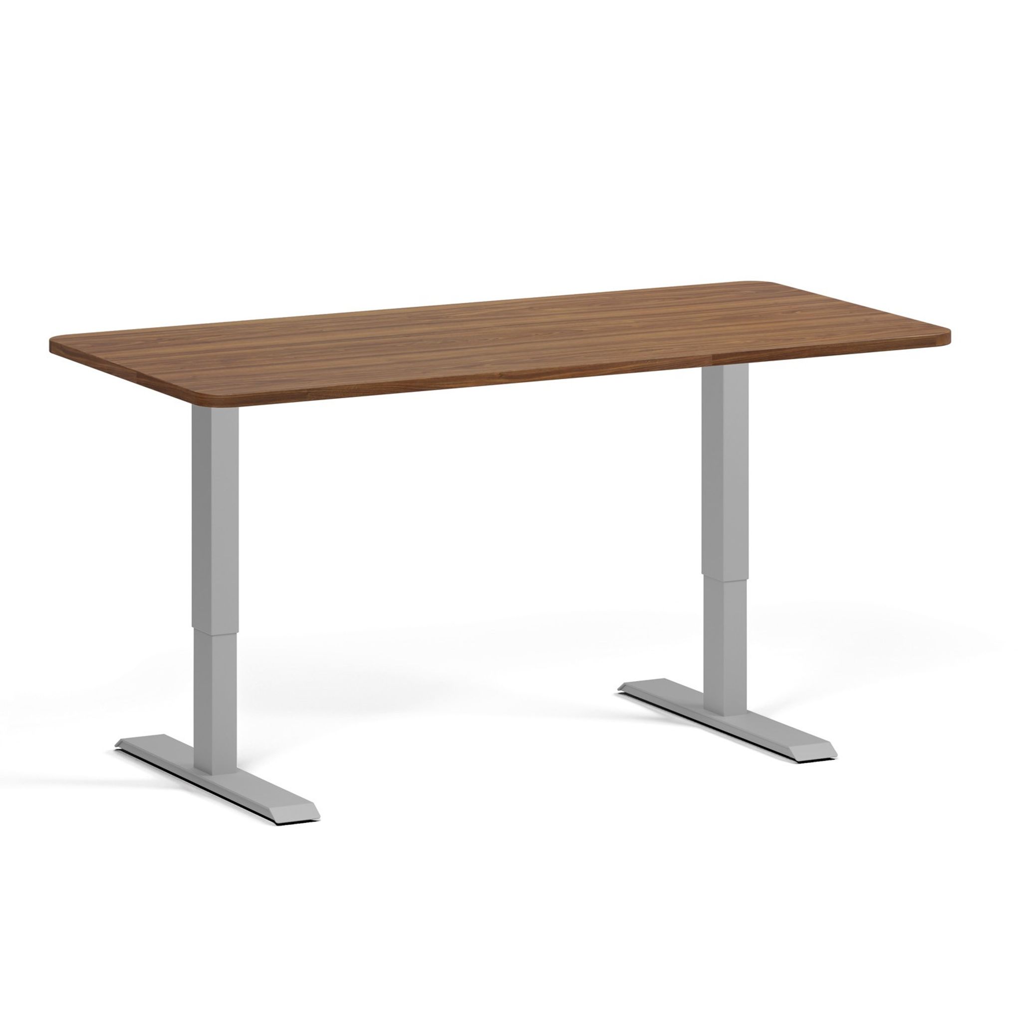 Höhenverstellbarer Schreibtisch, 2 Motoren, 745 - 1215 mm, abgerundete Ecken, Tischplatte 1600 x 800 mm, graues Untergestell, Nussbaum
