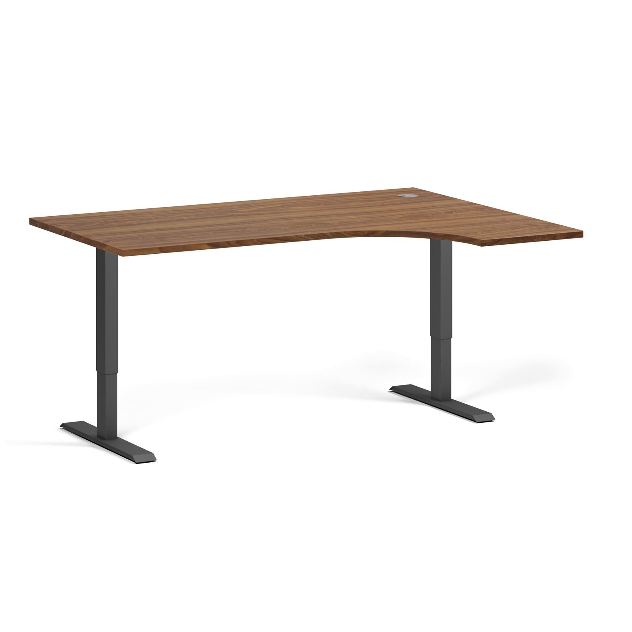Höhenverstellbarer Schreibtisch, 2 Motoren, 745 - 1215 mm, Ecke L/R, Tischplatte 1600 x 1200 mm, schwarzes Untergestell, Nussbaum