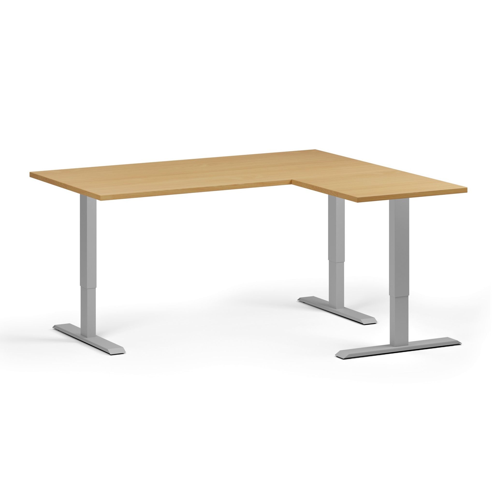 Höhenverstellbarer Schreibtisch, 3 Motoren, 745 - 1215 mm, Ecke L/R, Tischplatte 1600 x 1400 mm, graues Untergestell, Buche