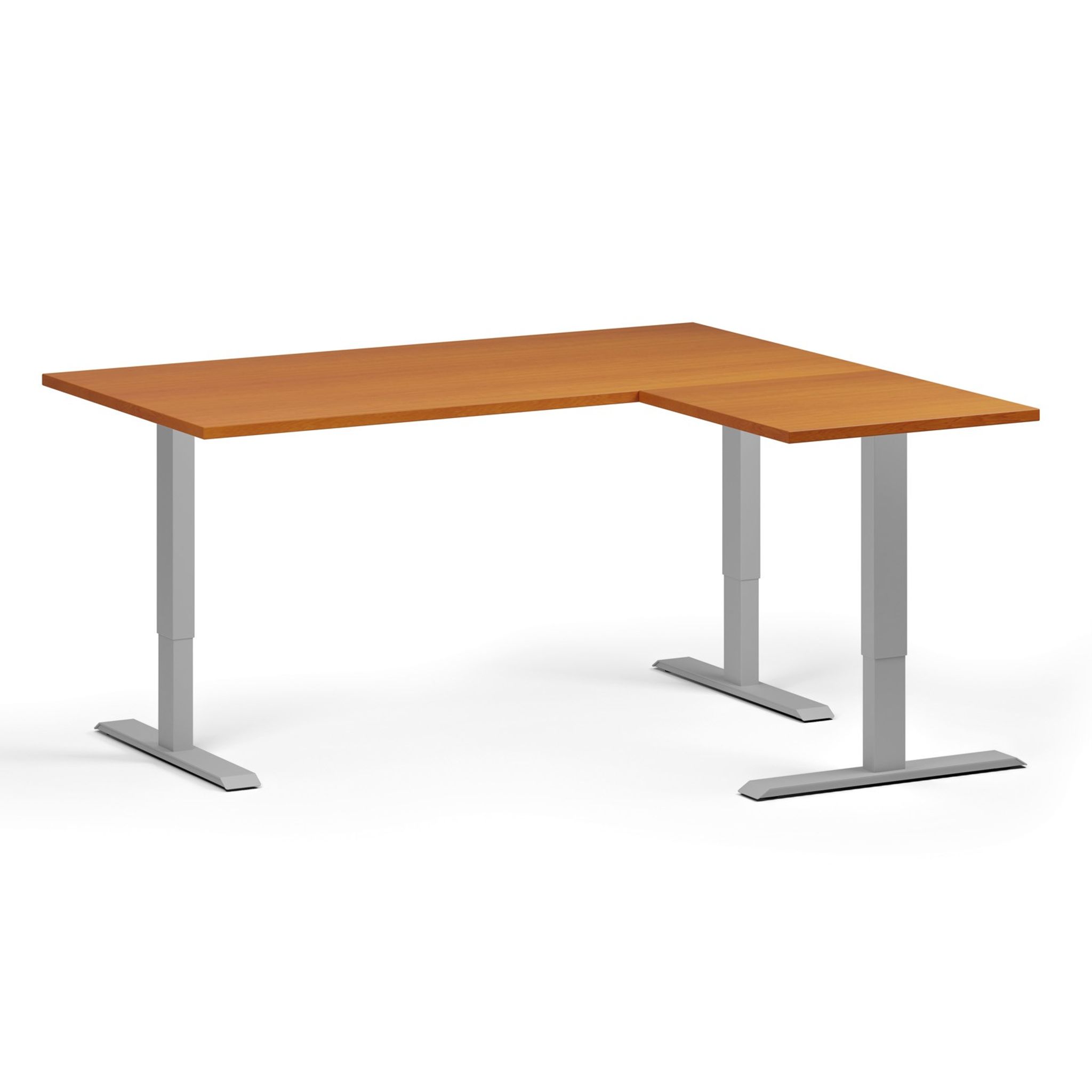 Höhenverstellbarer Schreibtisch, 3 Motoren, 745 - 1215 mm, Ecke L/R, Tischplatte 1600 x 1400 mm, graues Untergestell, Kirschbaum