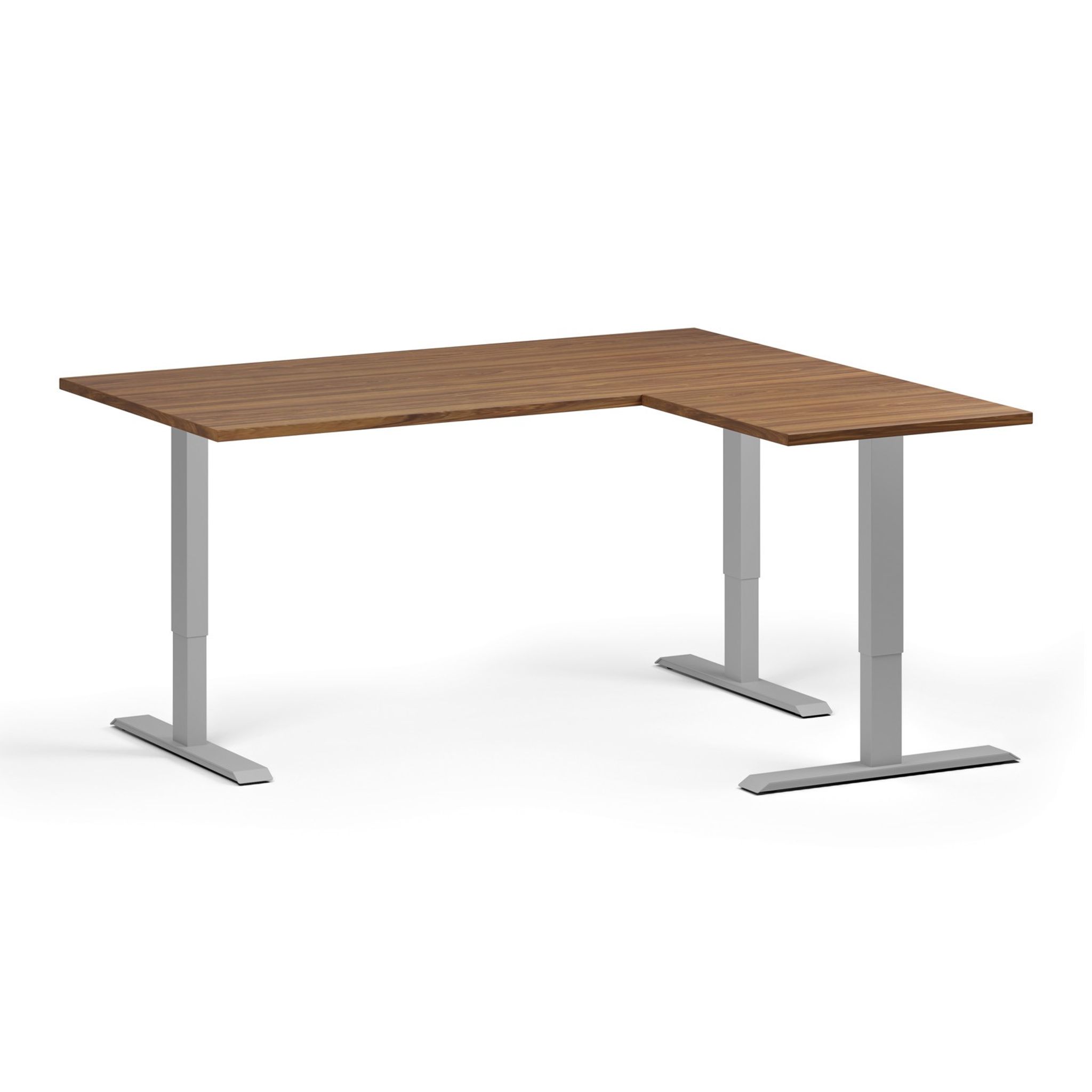 Höhenverstellbarer Schreibtisch, 3 Motoren, 745 - 1215 mm, Ecke L/R, Tischplatte 1600 x 1400 mm, graues Untergestell, Nussbaum