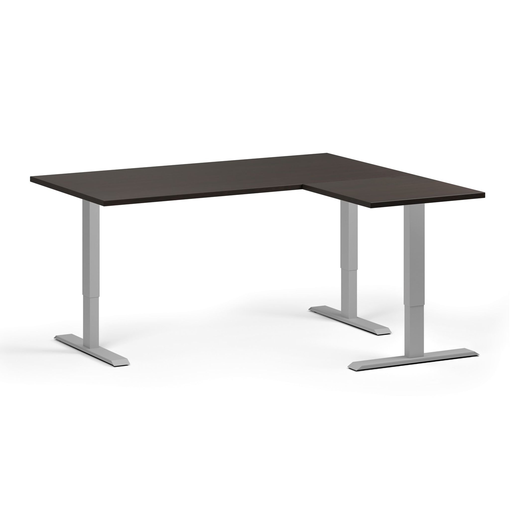 Höhenverstellbarer Schreibtisch, 3 Motoren, 745 - 1215 mm, Ecke L/R, Tischplatte 1600 x 1400 mm, graues Untergestell, Wenge