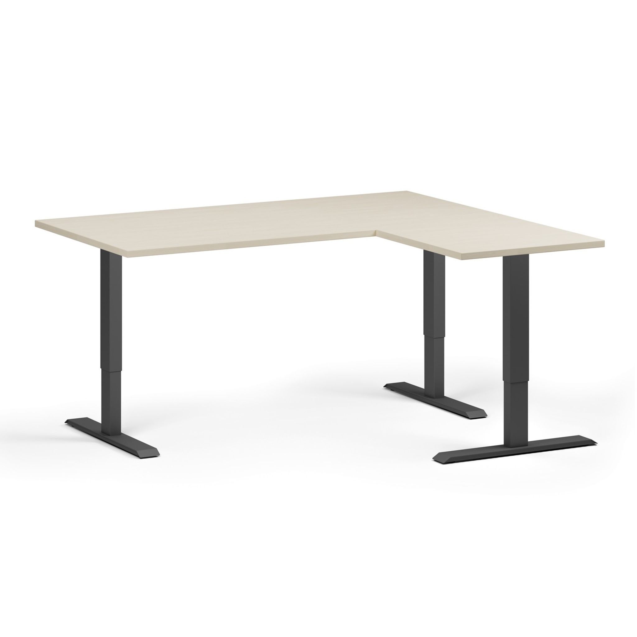 Höhenverstellbarer Schreibtisch, 3 Motoren, 745 - 1215 mm, Ecke L/R, Tischplatte 1600 x 1400 mm, schwarzes Untergestell, Birke