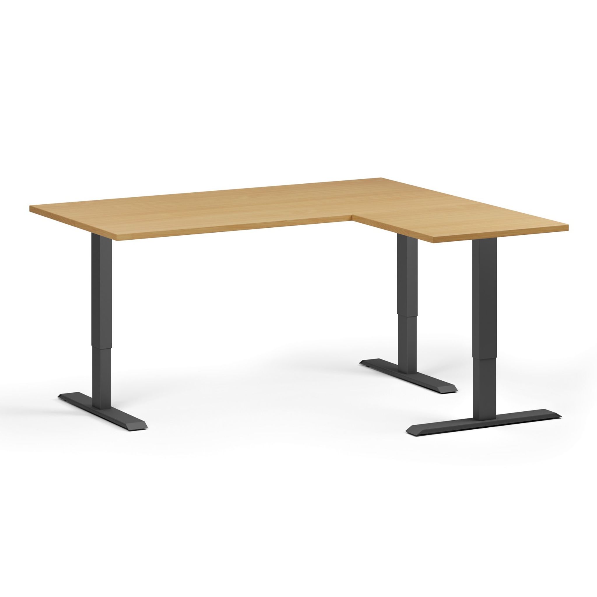 Höhenverstellbarer Schreibtisch, 3 Motoren, 745 - 1215 mm, Ecke L/R, Tischplatte 1600 x 1400 mm, schwarzes Untergestell, Buche