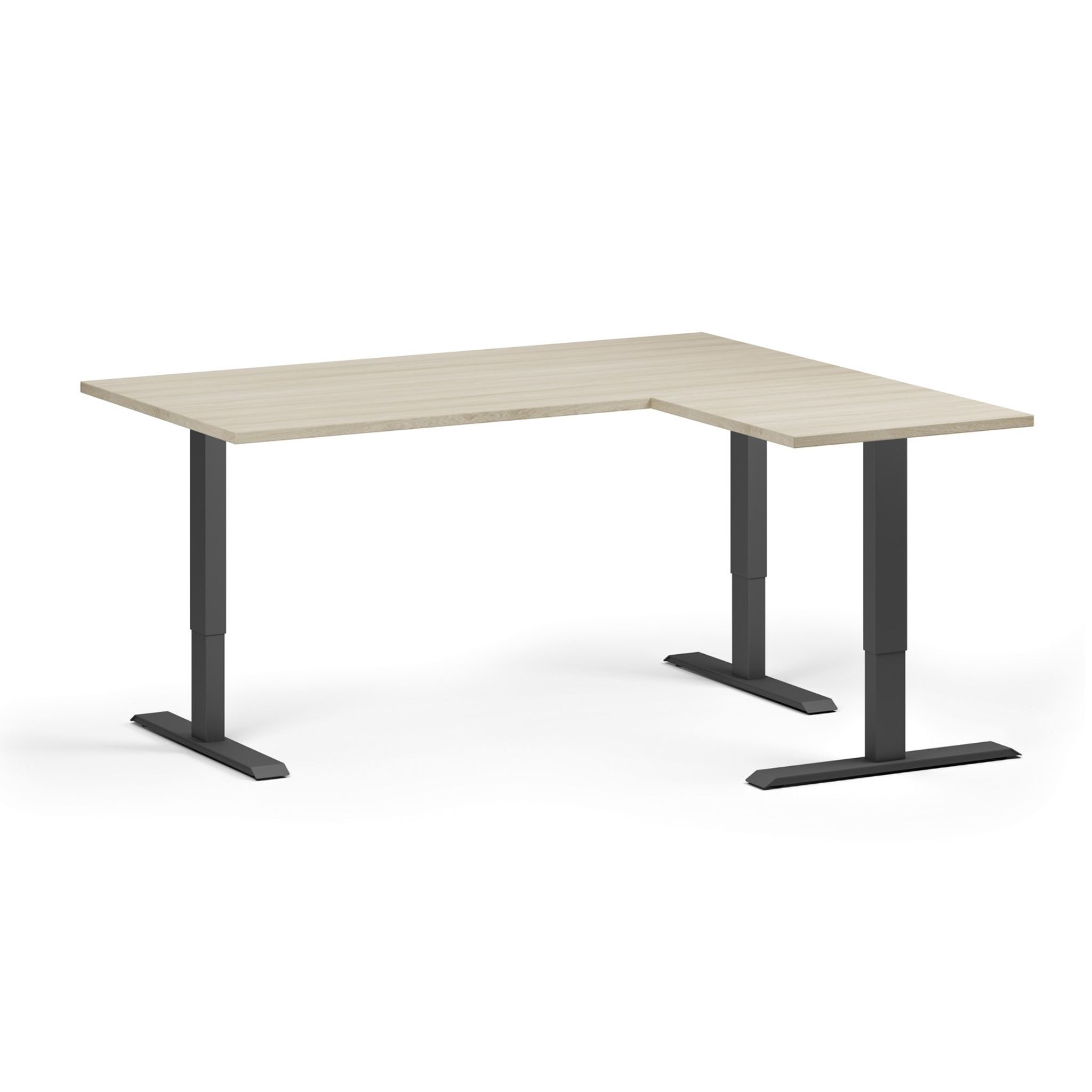 Höhenverstellbarer Schreibtisch, 3 Motoren, 745 - 1215 mm, Ecke L/R, Tischplatte 1600 x 1400 mm, schwarzes Untergestell, Eiche natur