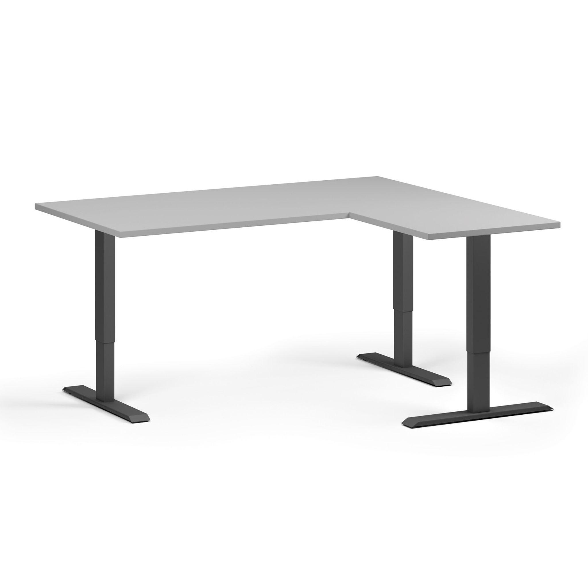 Höhenverstellbarer Schreibtisch, 3 Motoren, 745 - 1215 mm, Ecke L/R, Tischplatte 1600 x 1400 mm, schwarzes Untergestell, grau