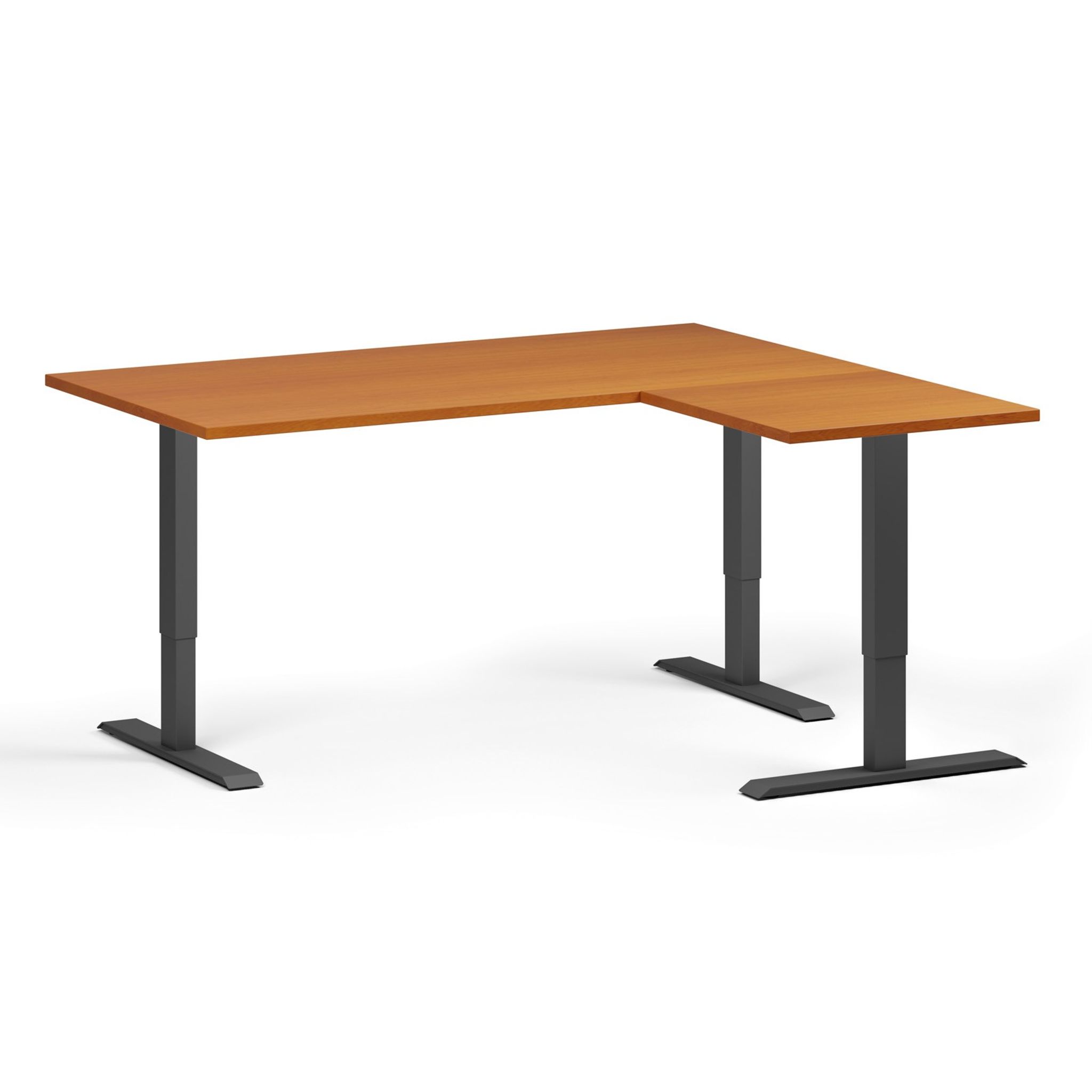 Höhenverstellbarer Schreibtisch, 3 Motoren, 745 - 1215 mm, Ecke L/R, Tischplatte 1600 x 1400 mm, schwarzes Untergestell, Kirschbaum