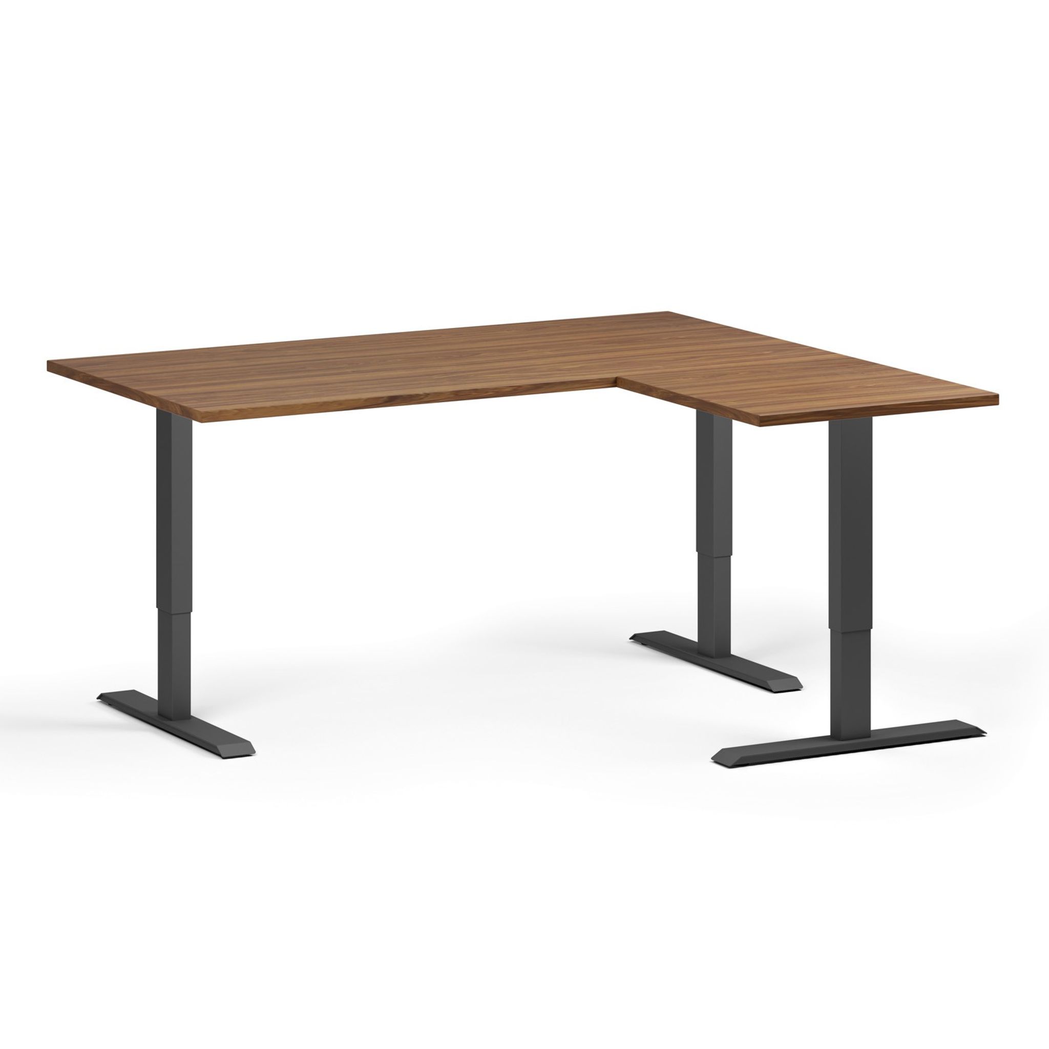 Höhenverstellbarer Schreibtisch, 3 Motoren, 745 - 1215 mm, Ecke L/R, Tischplatte 1600 x 1400 mm, schwarzes Untergestell, Nussbaum