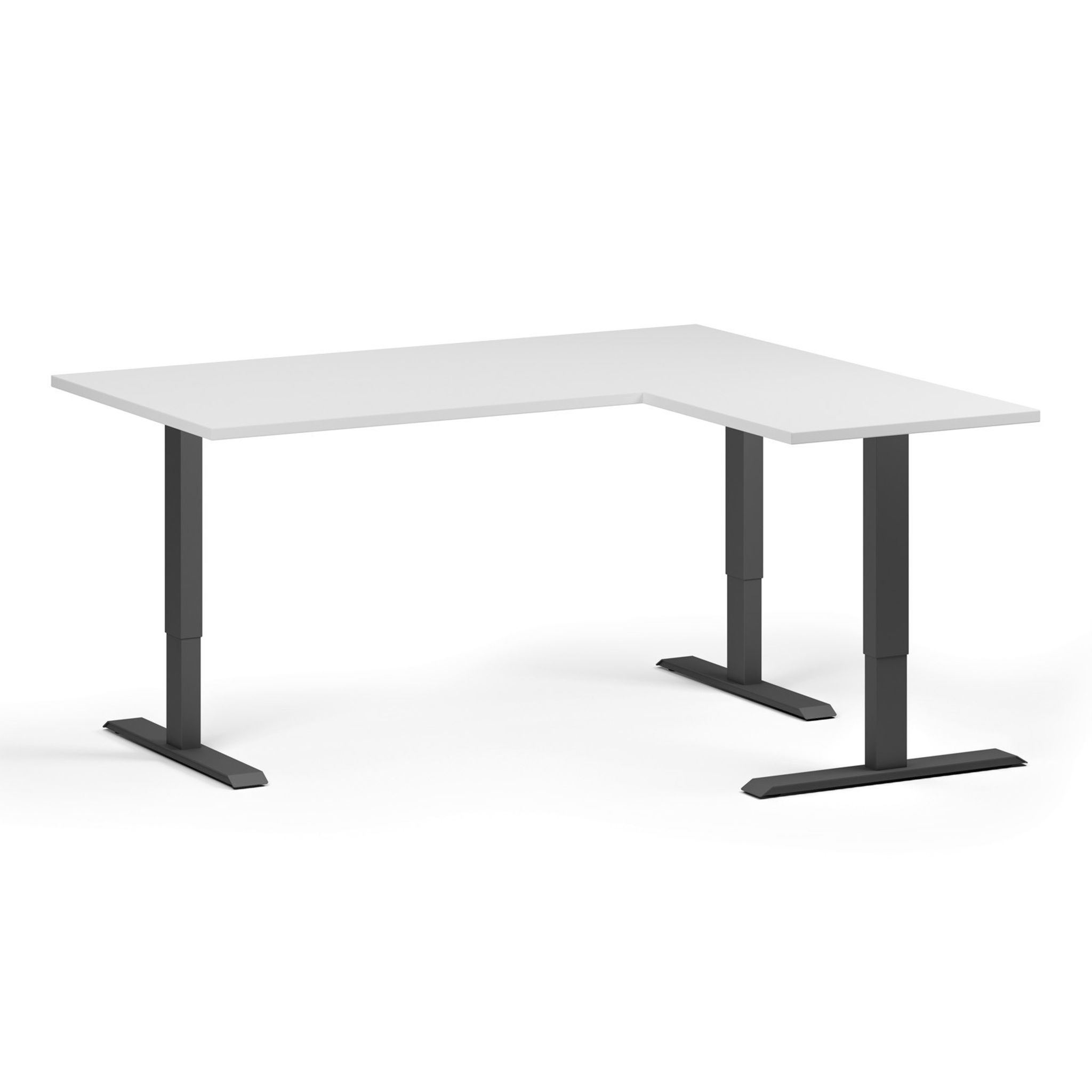 Höhenverstellbarer Schreibtisch, 3 Motoren, 745 - 1215 mm, Ecke L/R, Tischplatte 1600 x 1400 mm, schwarzes Untergestell, weiß