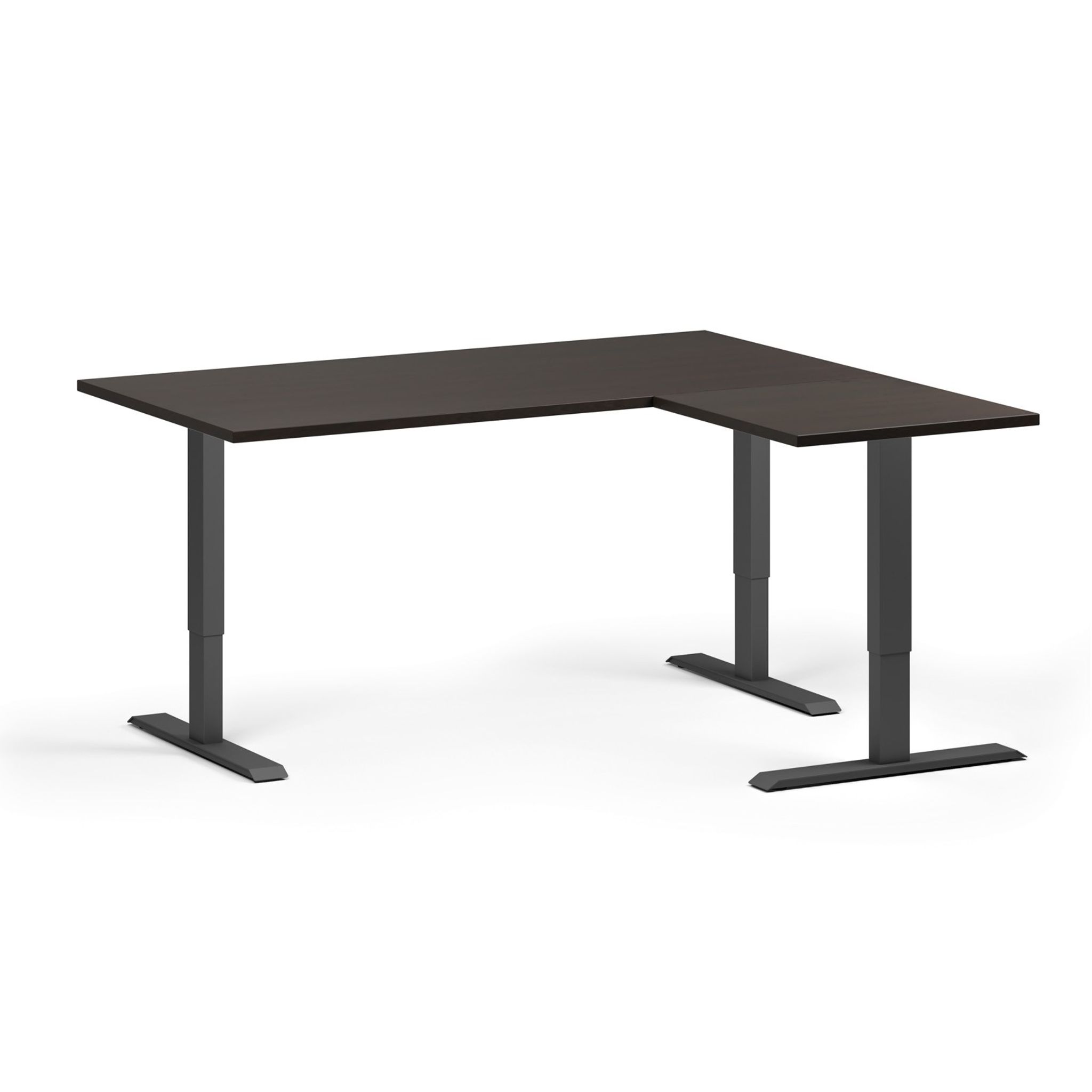 Höhenverstellbarer Schreibtisch, 3 Motoren, 745 - 1215 mm, Ecke L/R, Tischplatte 1600 x 1400 mm, schwarzes Untergestell, Wenge