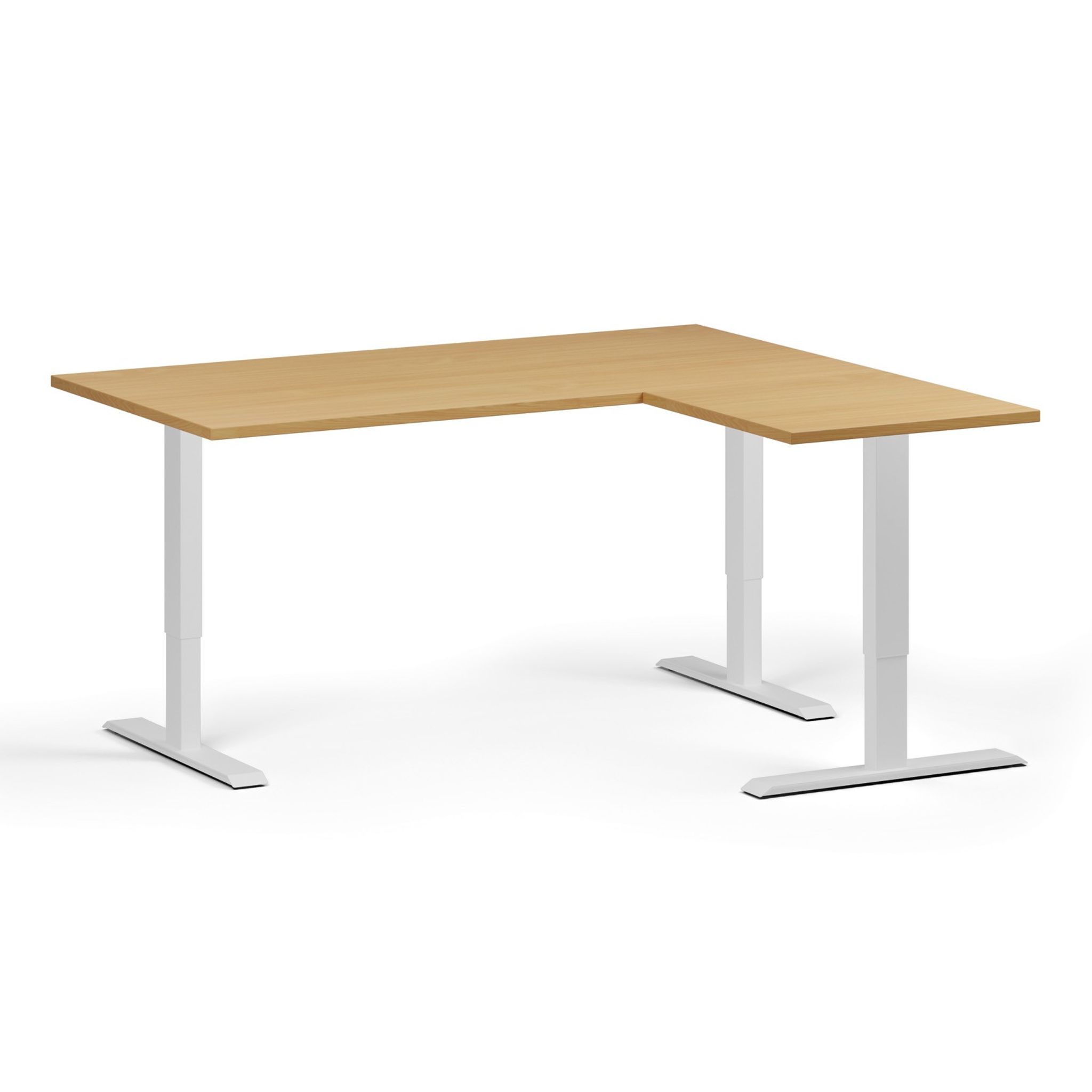 Höhenverstellbarer Schreibtisch, 3 Motoren, 745 - 1215 mm, Ecke L/R, Tischplatte 1600 x 1400 mm, weißes Untergestell, Buche