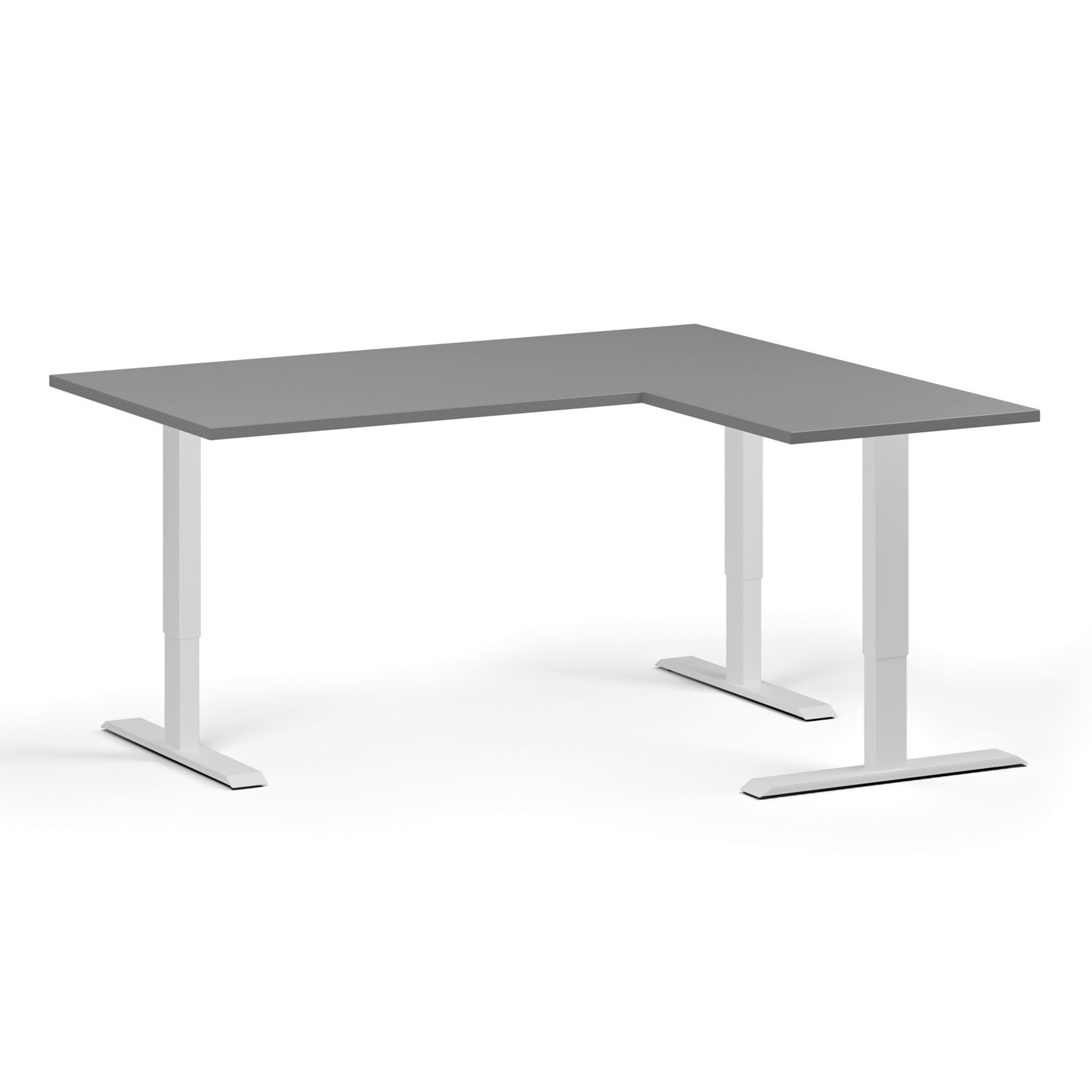 Höhenverstellbarer Schreibtisch, 3 Motoren, 745 - 1215 mm, Ecke L/R, Tischplatte 1600 x 1400 mm, weißes Untergestell, Graphit