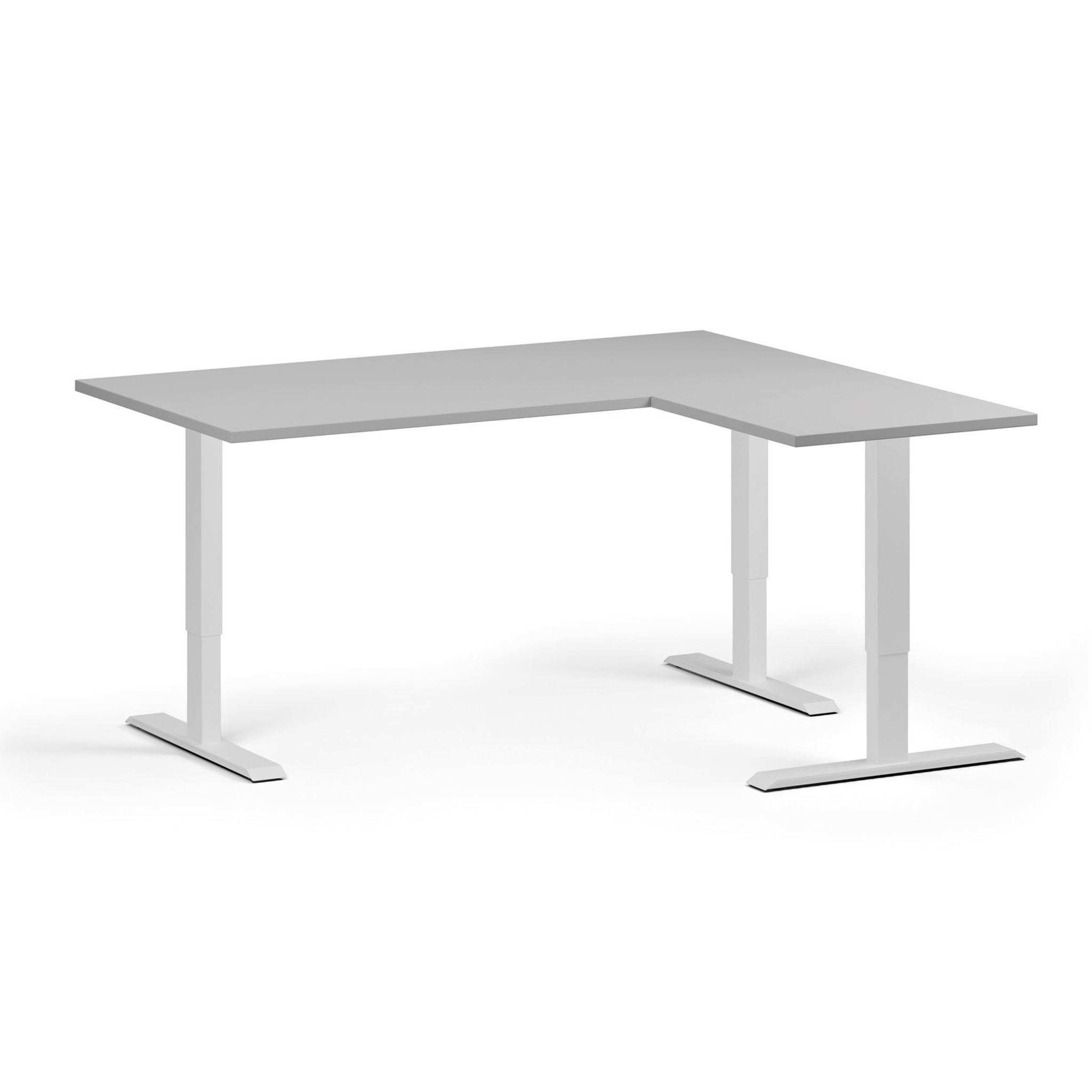 Höhenverstellbarer Schreibtisch, 3 Motoren, 745 - 1215 mm, Ecke L/R, Tischplatte 1600 x 1400 mm, weißes Untergestell, grau
