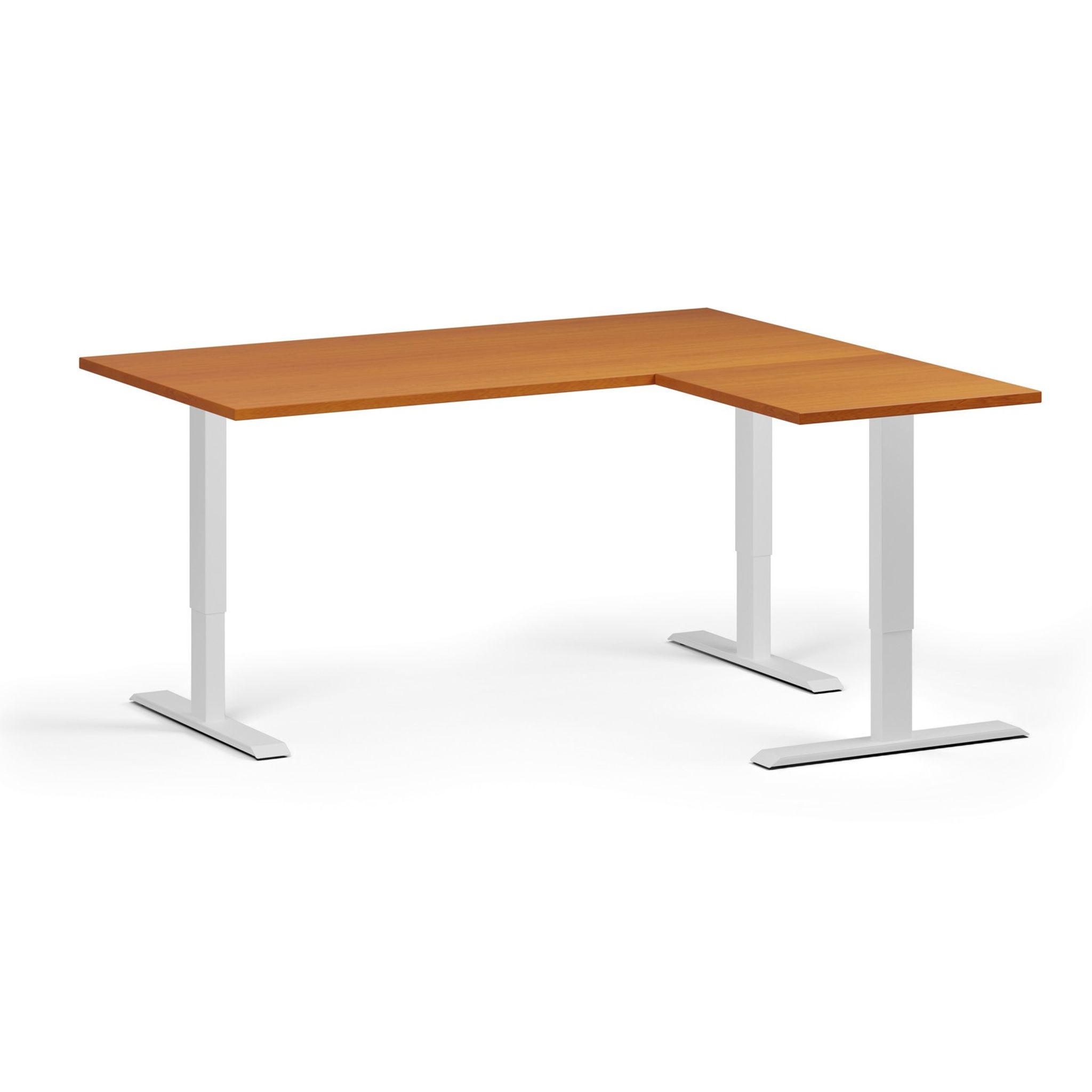 Höhenverstellbarer Schreibtisch, 3 Motoren, 745 - 1215 mm, Ecke L/R, Tischplatte 1600 x 1400 mm, weißes Untergestell, Kirschbaum