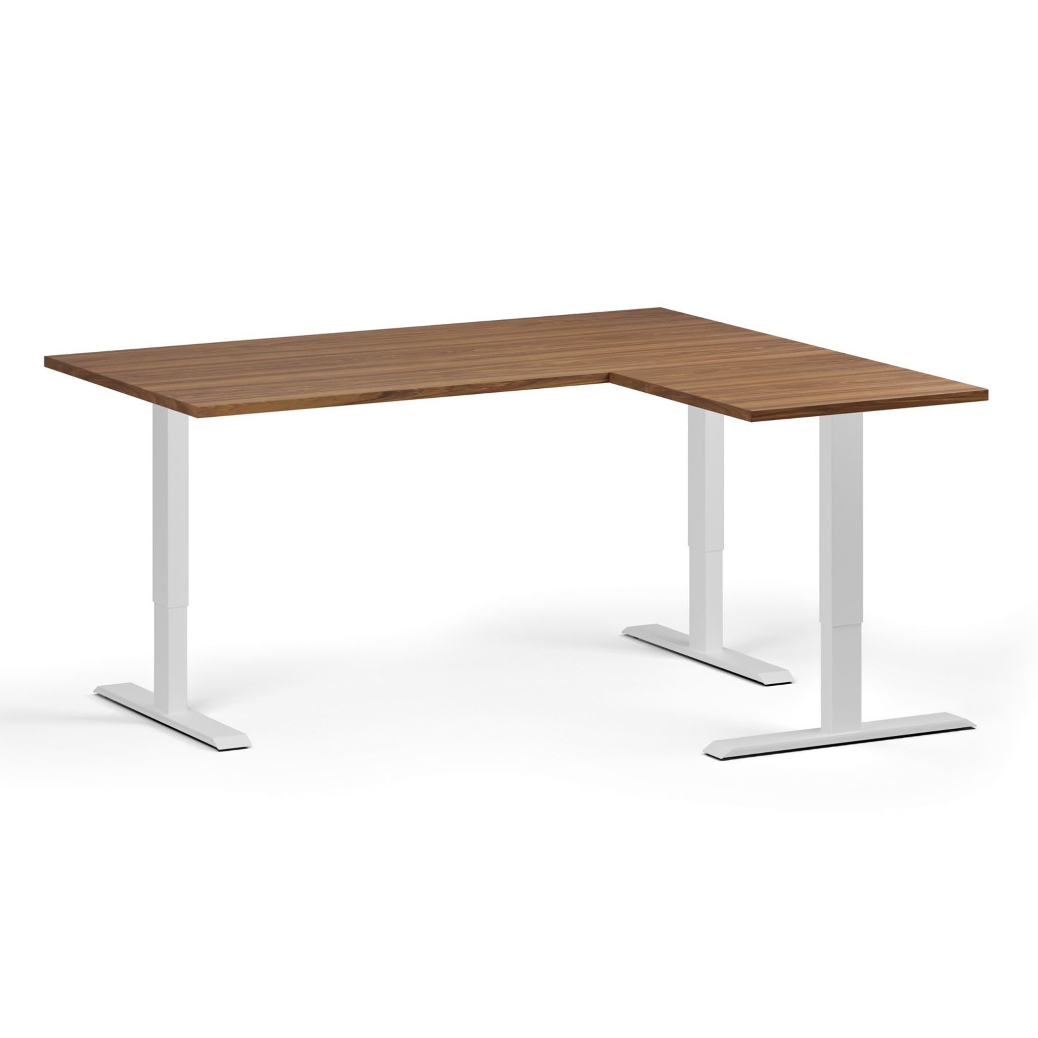 Höhenverstellbarer Schreibtisch, 3 Motoren, 745 - 1215 mm, Ecke L/R, Tischplatte 1600 x 1400 mm, weißes Untergestell, Nussbaum