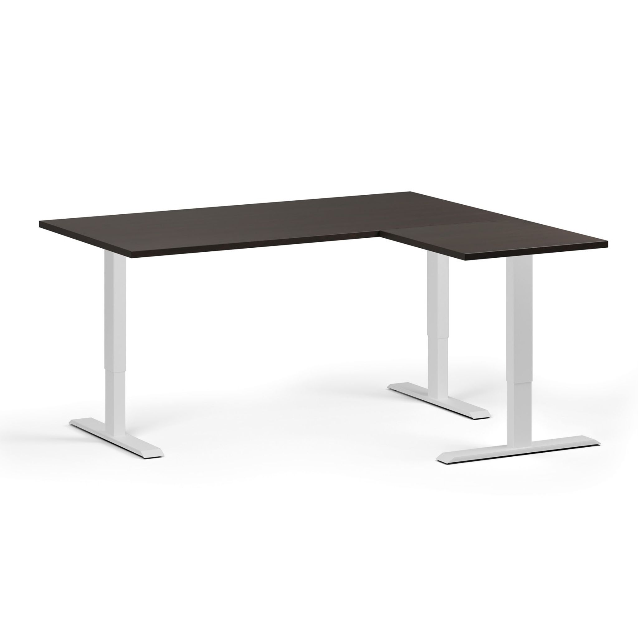 Höhenverstellbarer Schreibtisch, 3 Motoren, 745 - 1215 mm, Ecke L/R, Tischplatte 1600 x 1400 mm, weißes Untergestell, Wenge