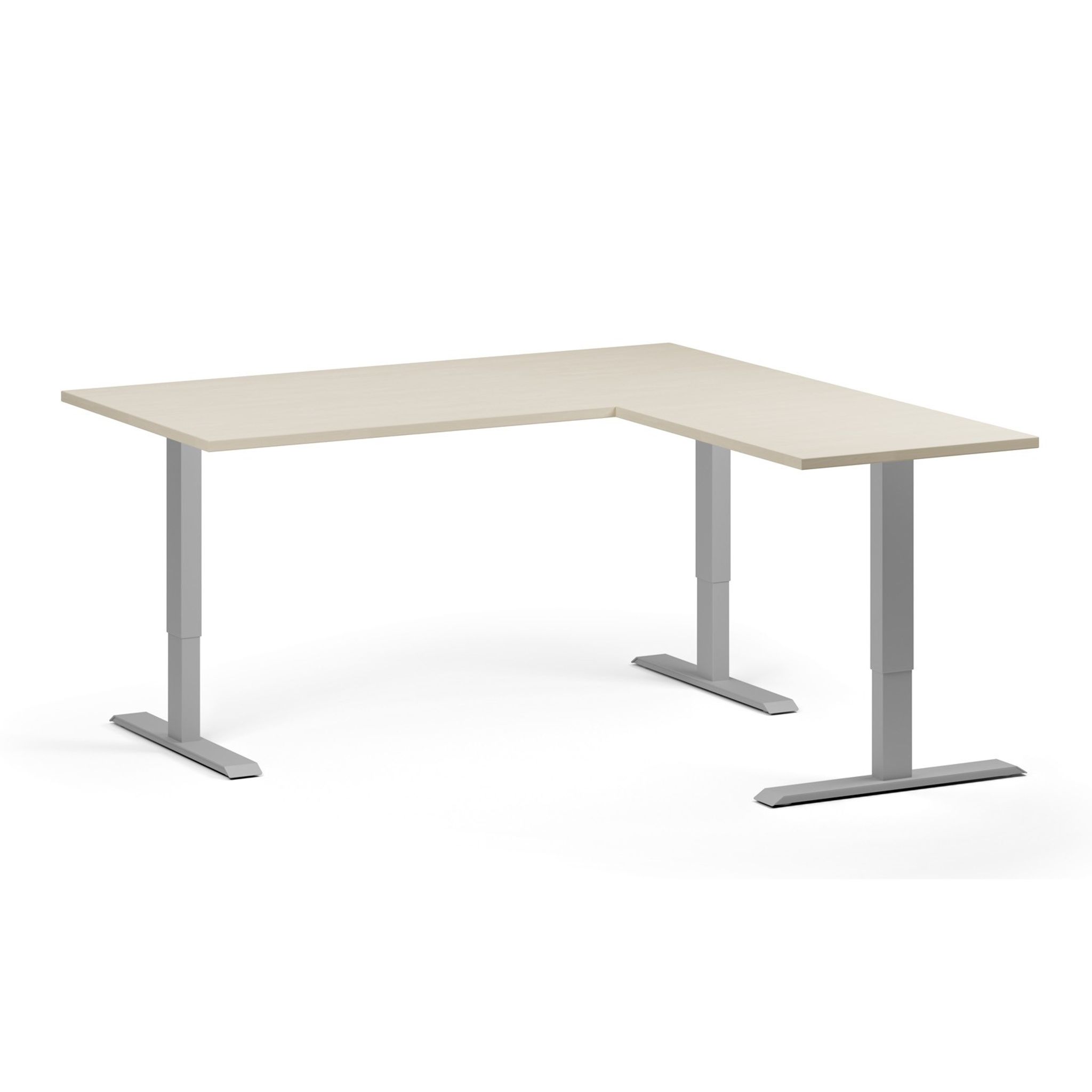 Höhenverstellbarer Schreibtisch, 3 Motoren, 745 - 1215 mm, Ecke L/R, Tischplatte 1600 x 1600 mm, graues Untergestell, Birke