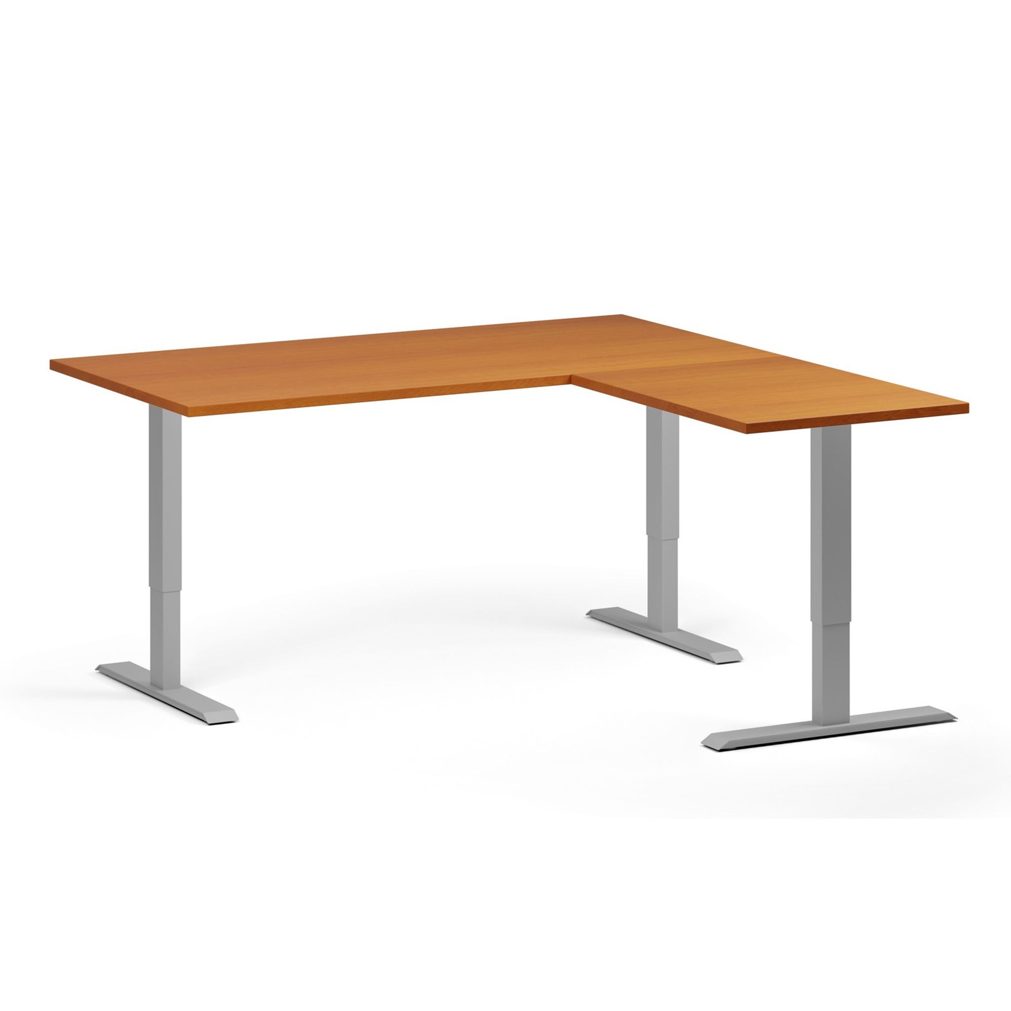 Höhenverstellbarer Schreibtisch, 3 Motoren, 745 - 1215 mm, Ecke L/R, Tischplatte 1600 x 1600 mm, graues Untergestell, Kirschbaum