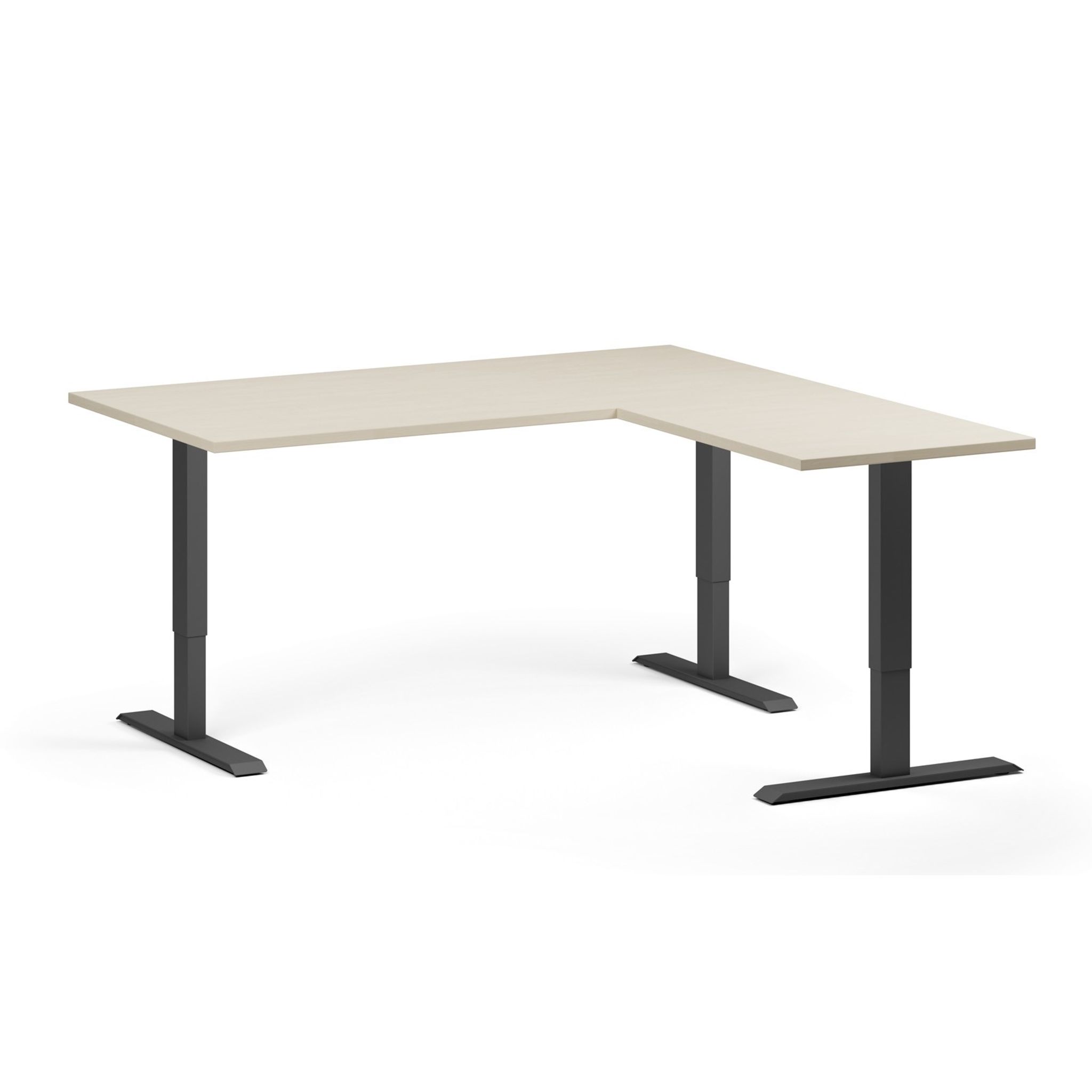 Höhenverstellbarer Schreibtisch, 3 Motoren, 745 - 1215 mm, Ecke L/R, Tischplatte 1600 x 1600 mm, schwarzes Untergestell, Birke