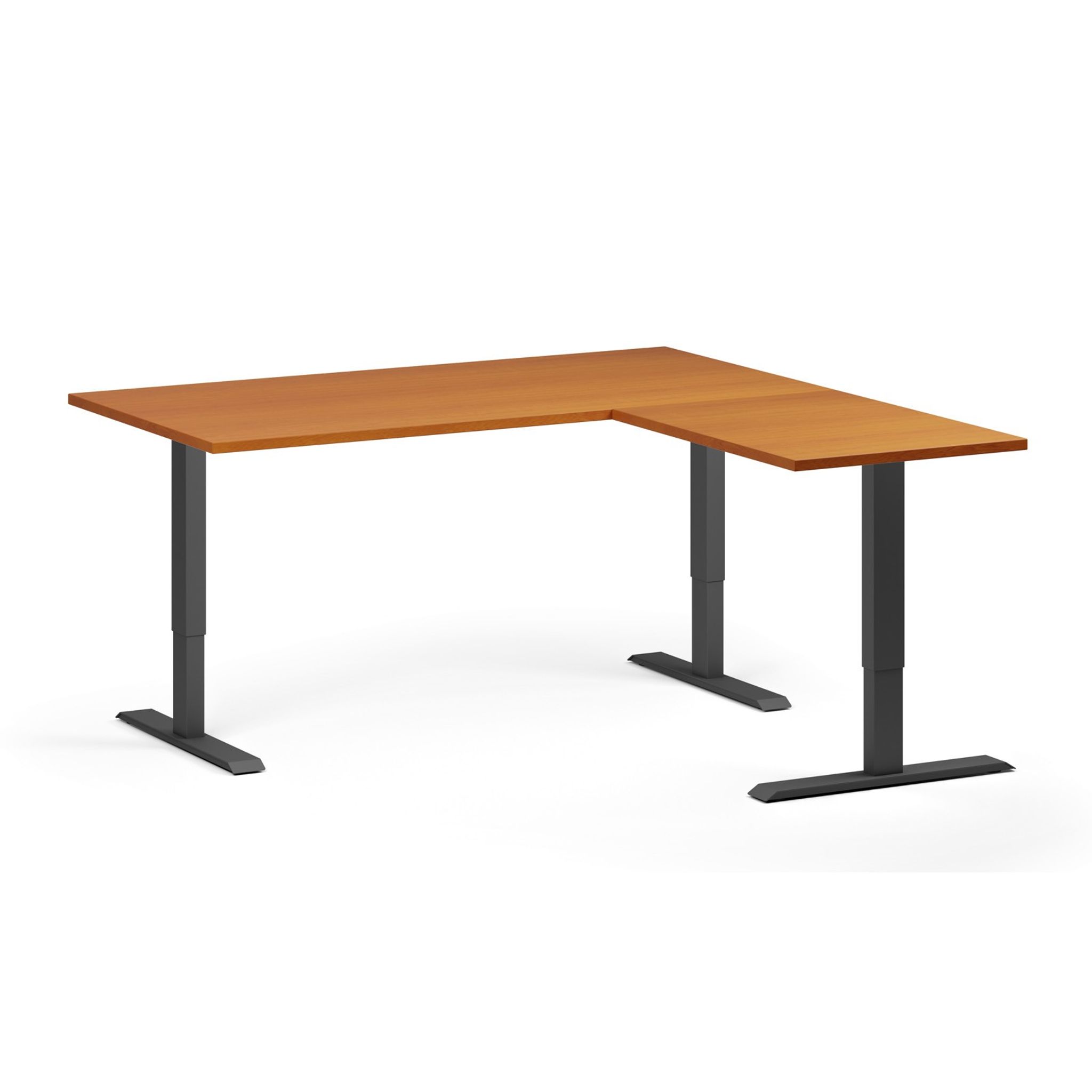 Höhenverstellbarer Schreibtisch, 3 Motoren, 745 - 1215 mm, Ecke L/R, Tischplatte 1600 x 1600 mm, schwarzes Untergestell, Kirschbaum
