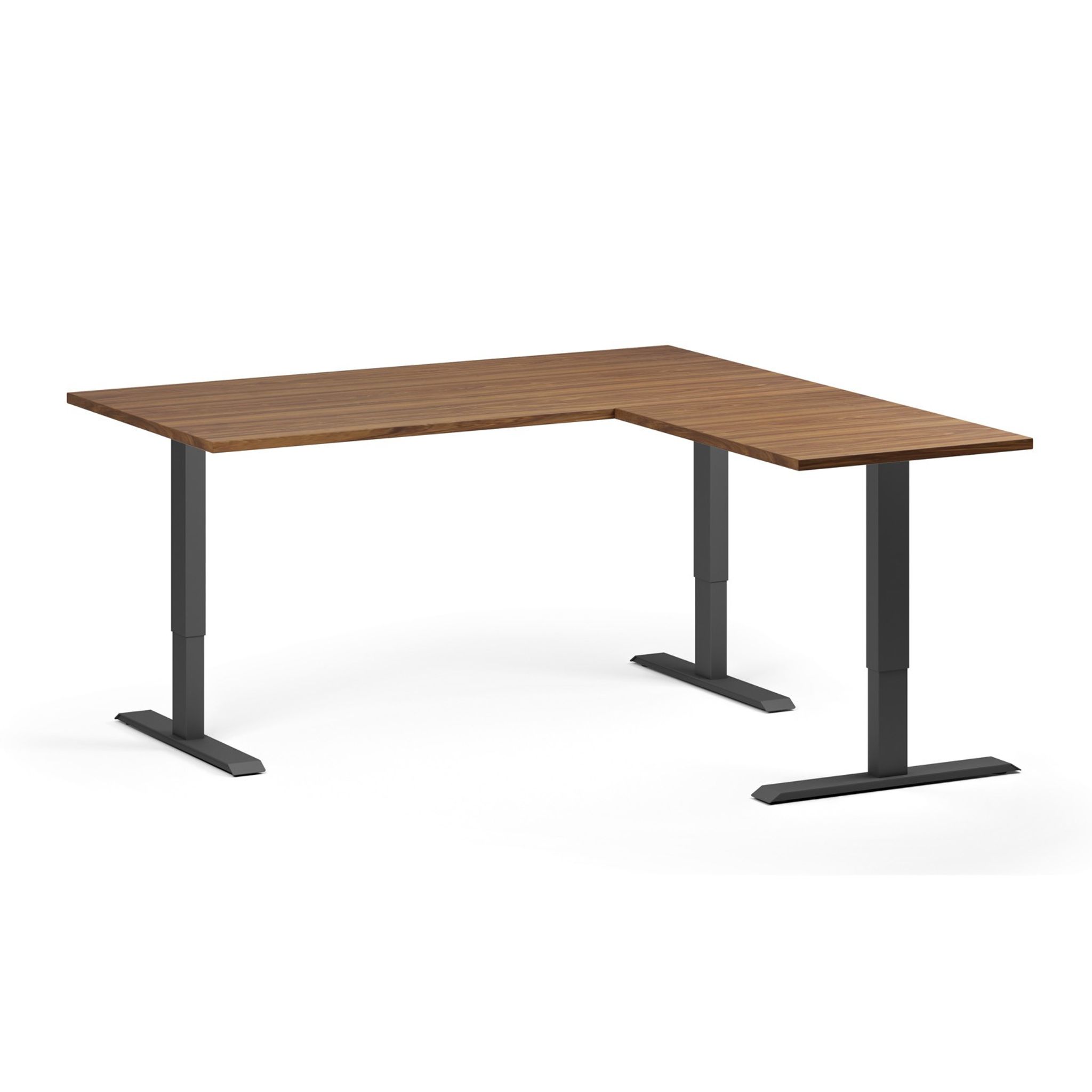 Höhenverstellbarer Schreibtisch, 3 Motoren, 745 - 1215 mm, Ecke L/R, Tischplatte 1600 x 1600 mm, schwarzes Untergestell, Nussbaum