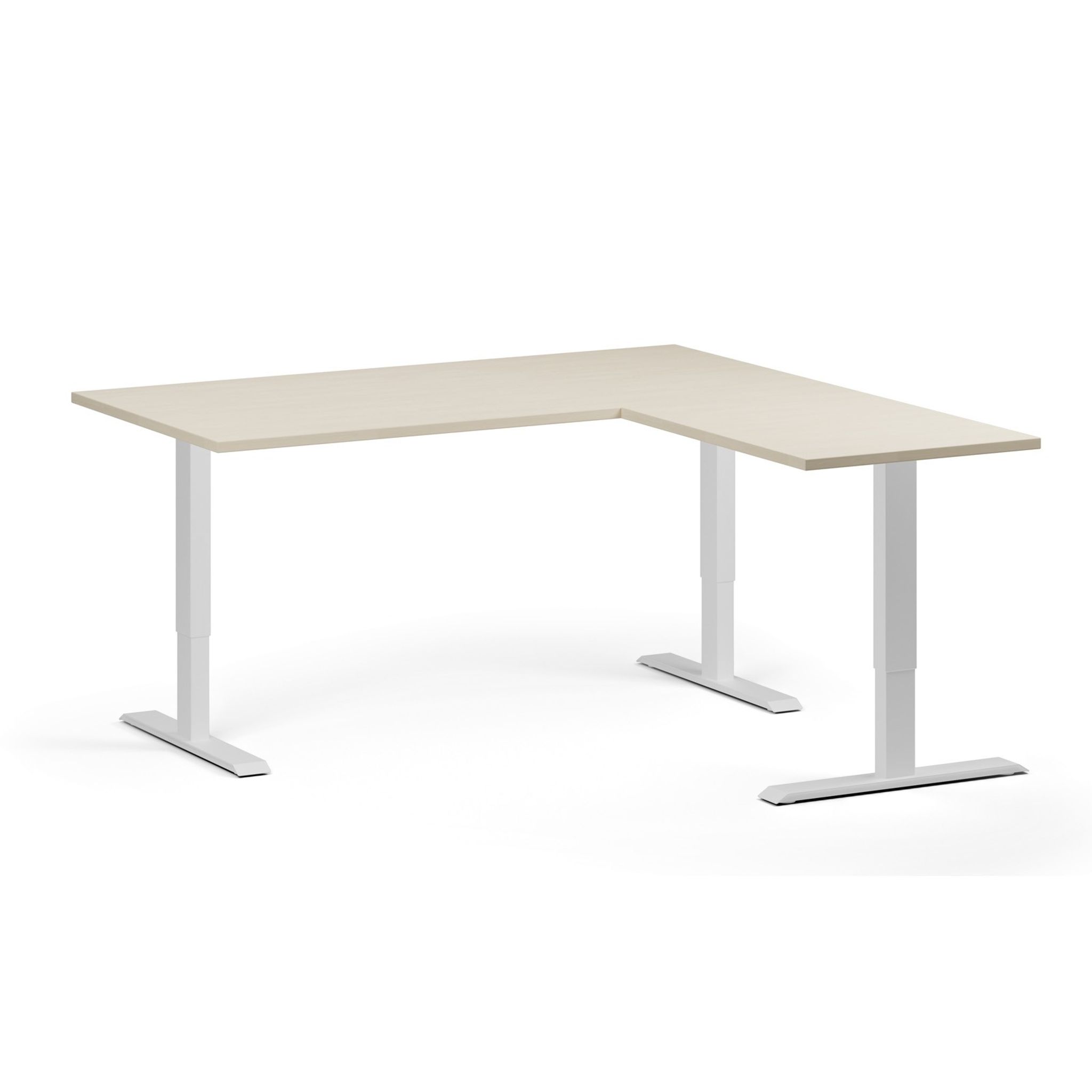 Höhenverstellbarer Schreibtisch, 3 Motoren, 745 - 1215 mm, Ecke L/R, Tischplatte 1600 x 1600 mm, weißes Untergestell, Birke