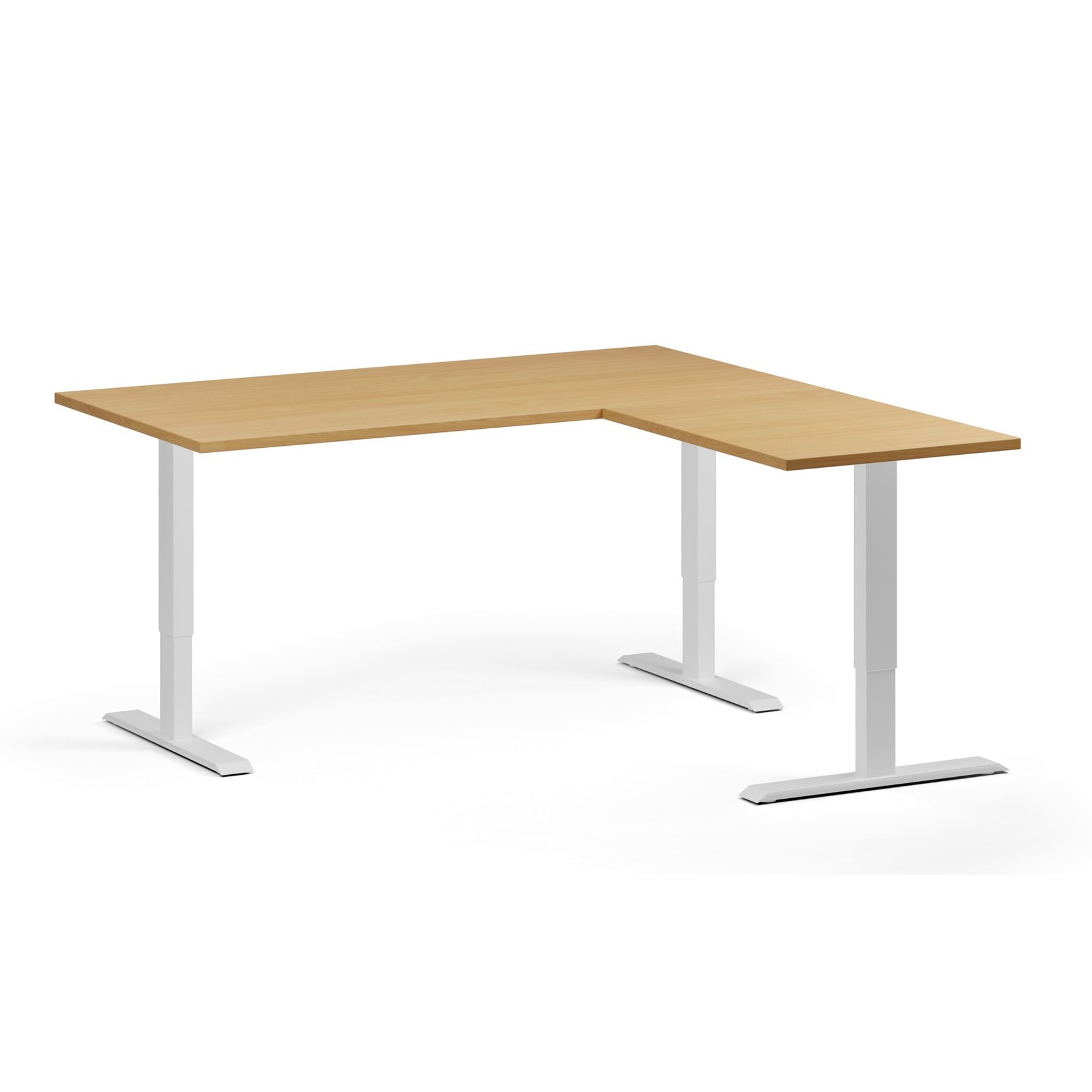Höhenverstellbarer Schreibtisch, 3 Motoren, 745 - 1215 mm, Ecke L/R, Tischplatte 1600 x 1600 mm, weißes Untergestell, Buche