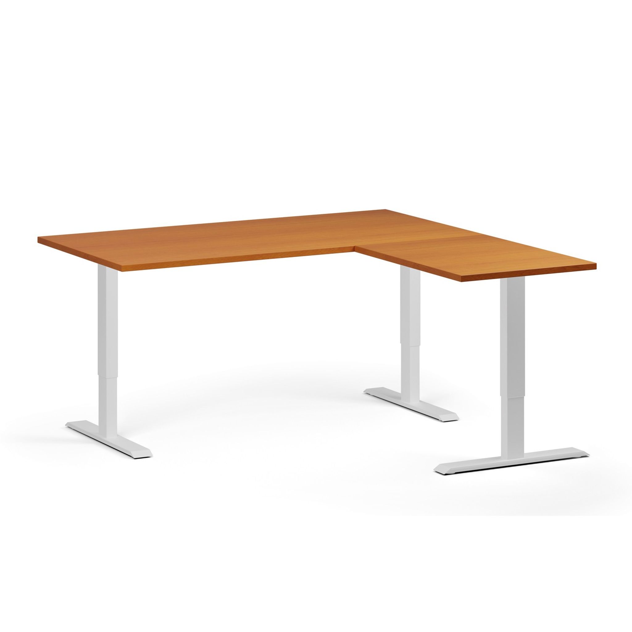 Höhenverstellbarer Schreibtisch, 3 Motoren, 745 - 1215 mm, Ecke L/R, Tischplatte 1600 x 1600 mm, weißes Untergestell, Kirschbaum