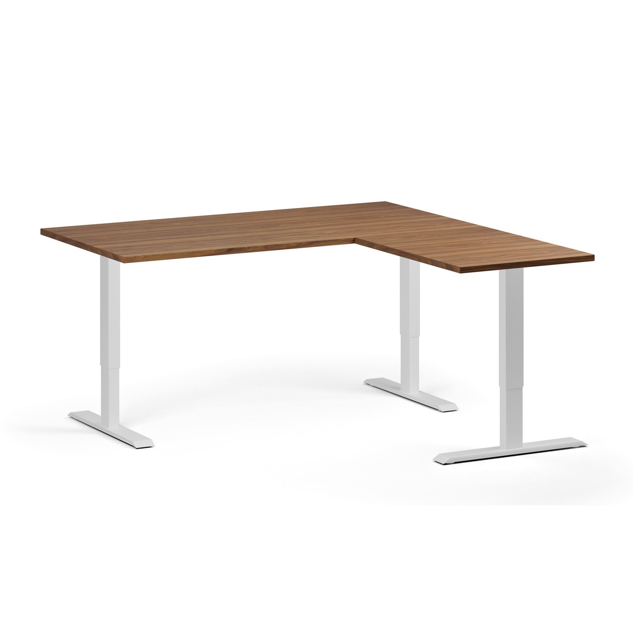 Höhenverstellbarer Schreibtisch, 3 Motoren, 745 - 1215 mm, Ecke L/R, Tischplatte 1600 x 1600 mm, weißes Untergestell, Nussbaum
