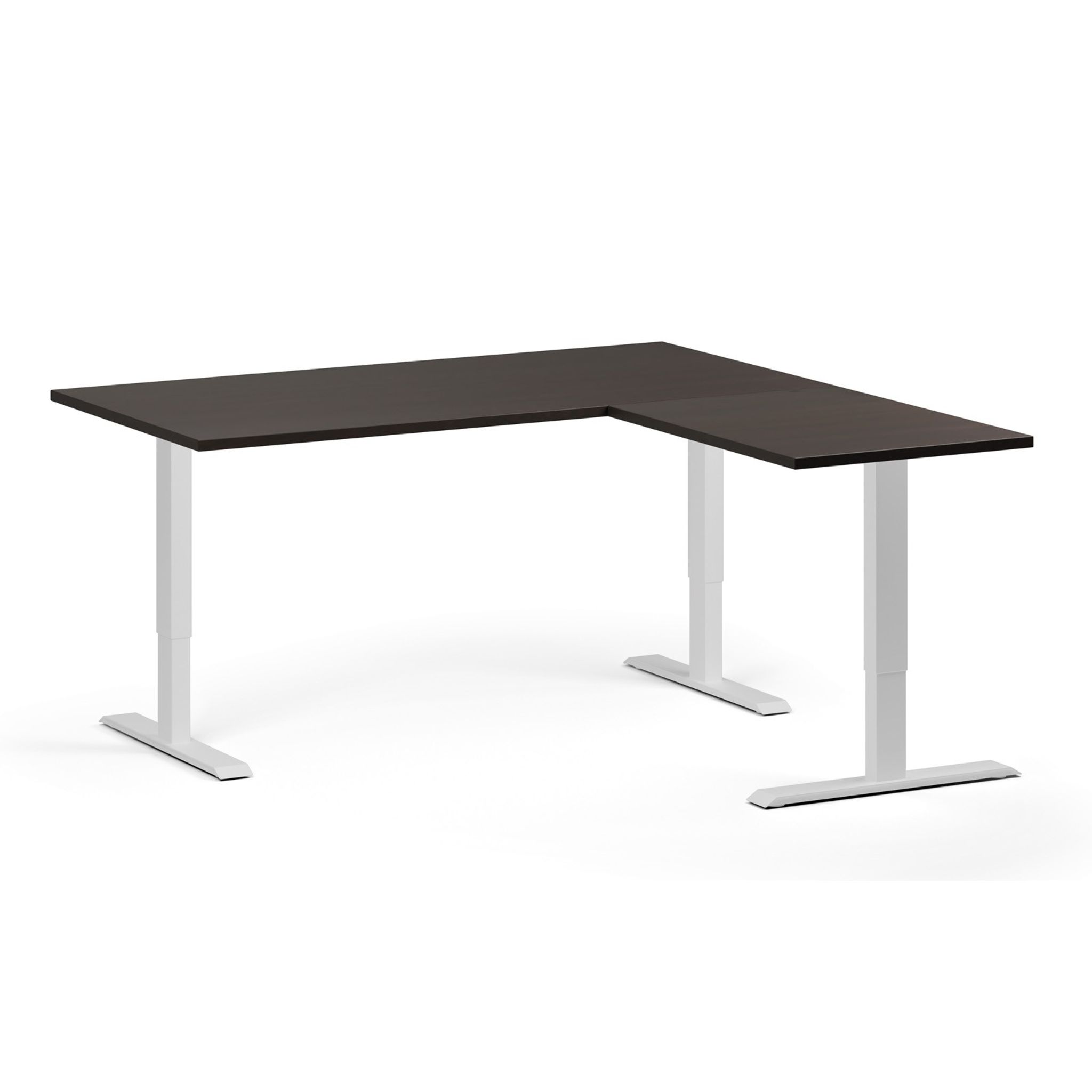 Höhenverstellbarer Schreibtisch, 3 Motoren, 745 - 1215 mm, Ecke L/R, Tischplatte 1600 x 1600 mm, weißes Untergestell, Wenge