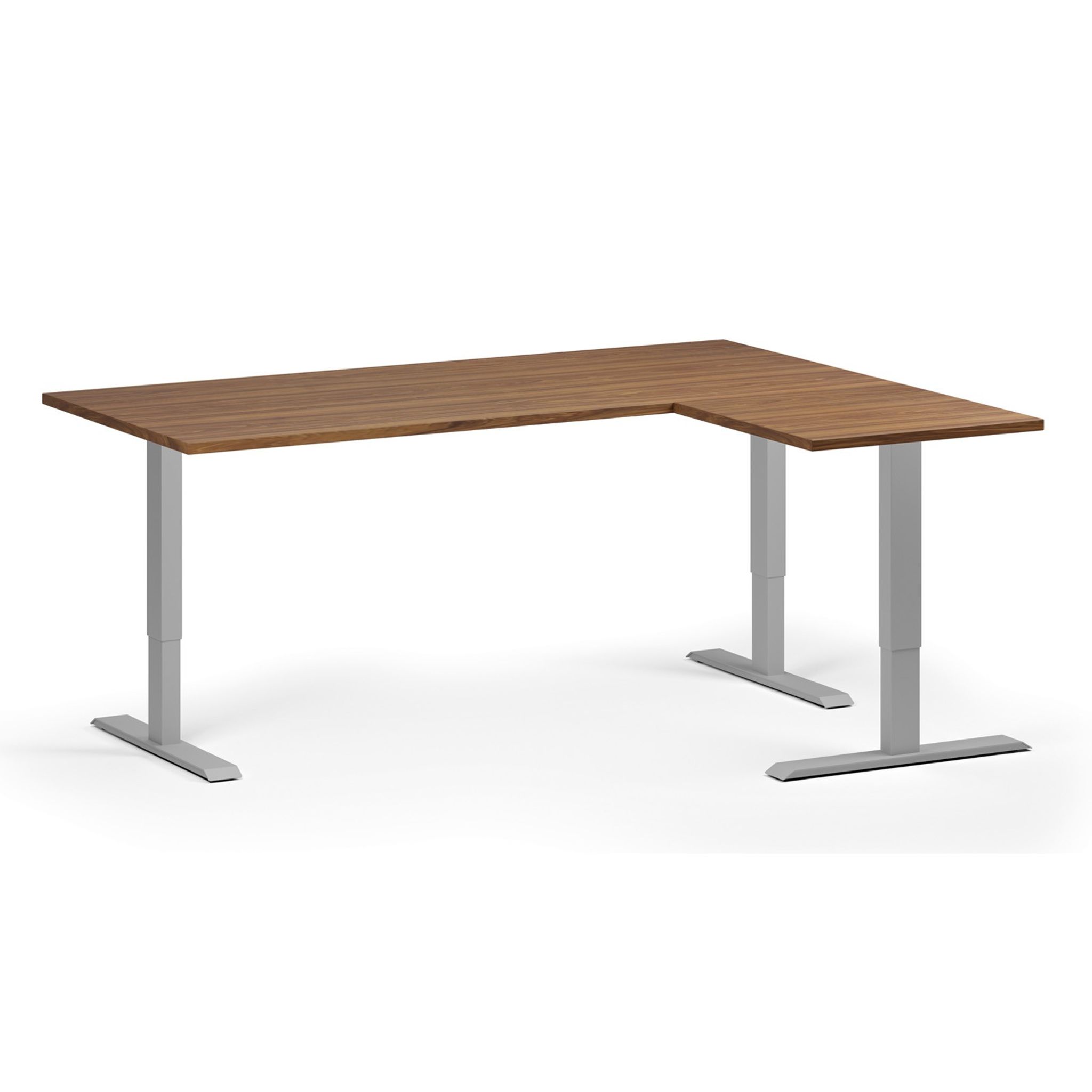 Höhenverstellbarer Schreibtisch, 3 Motoren, 745 - 1215 mm, Ecke L/R, Tischplatte 1800 x 1400 mm, graues Untergestell, Nussbaum